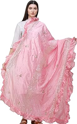 Exotic India Dupatta from Amritsar with Gota Patches and Frill Border - Color Candy Pink