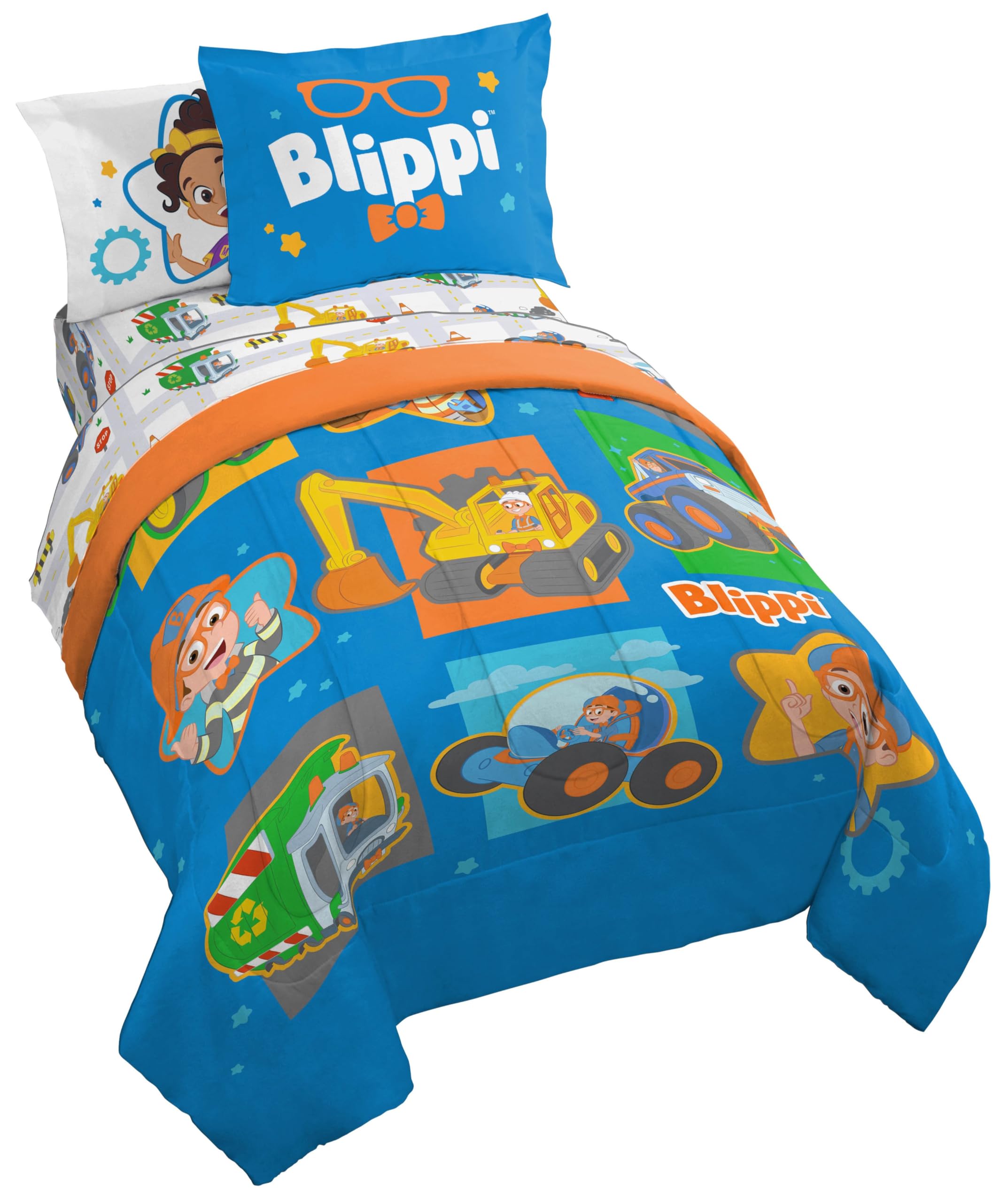 Jay Franco Blippi & Meekah Trucks Full Comforter Set - 7 Piece Blue Bedding Sheet Set & Pillow Covers - Super Soft Microfiber Bed Set