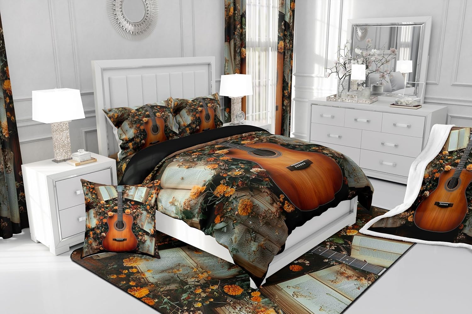 Guitar Music Kids Comforter Sets Queen,Rock Music Themed Bedding Comforter Sets,Musical Instrument Vintage Quilt Sets for Boys Girls,Watercolor Flowers Books Duvet Insert with 2 Pillowcases