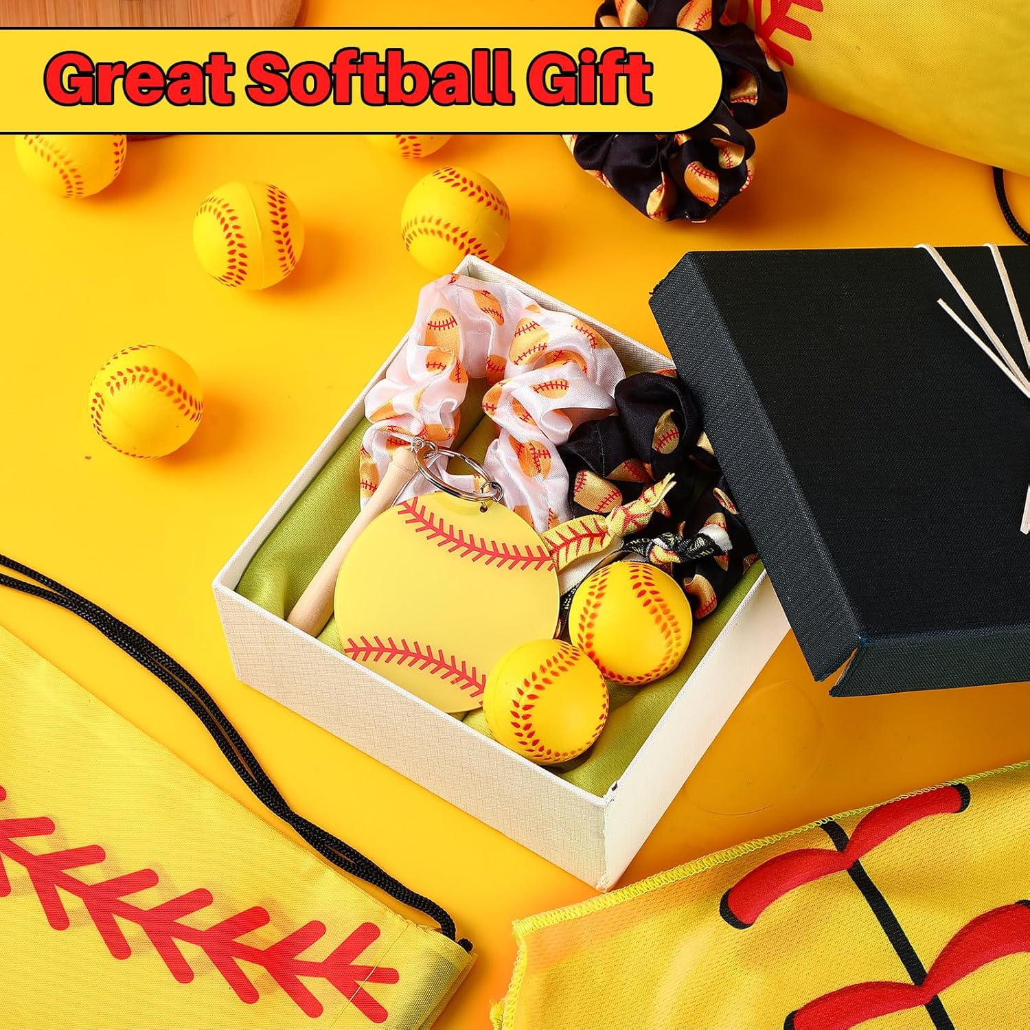 72 Pcs Softball Include 12 Softball Foam Stress Ball 12 Softball Keychains 12 Softball Hair Scrunchies 12 Softball Hair Ties 12 Pcs Softball Drawstring Bags 12 Cooling Towel