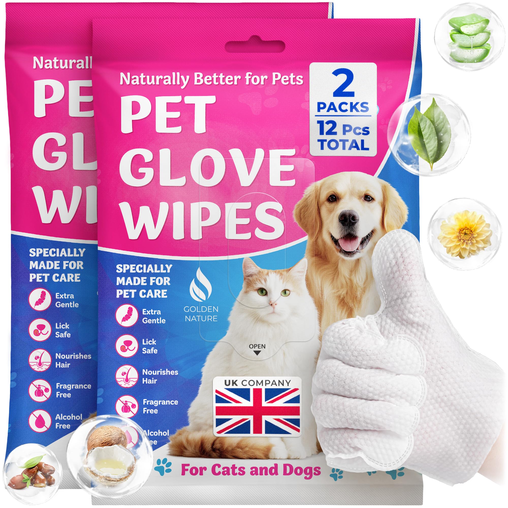 Golden Nature - Pet Wipes for Dogs + Cats - 12 Pcs - Disposable Glove Wipes for Washing, Bathing, Grooming - Waterless Cleaning for Paws, Fur, Face, Ears, Rear, Body - Embossed, Pre-Soaked, Lick-Safe