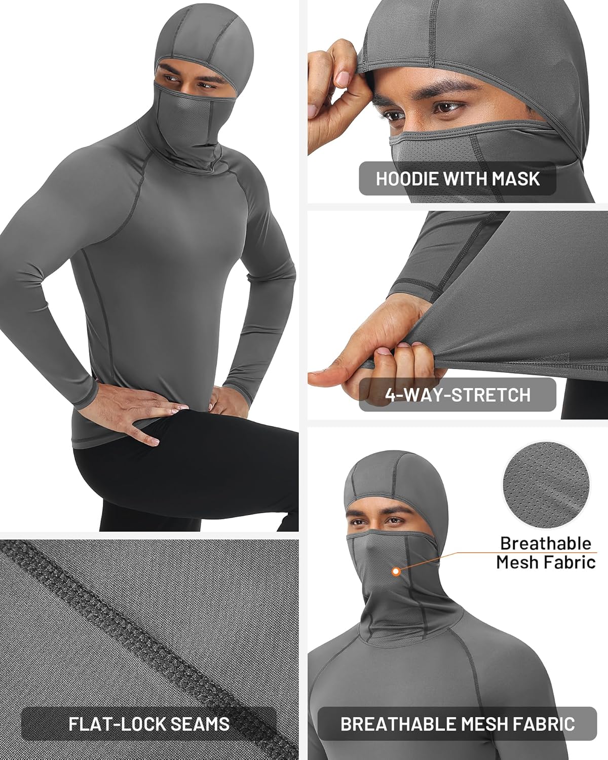 Runhit Men's Compression Shirts Hoodie with Mask Turtleneck Long Sleeve Running Base Layer Top Workout Sports Undershirts - Image 3