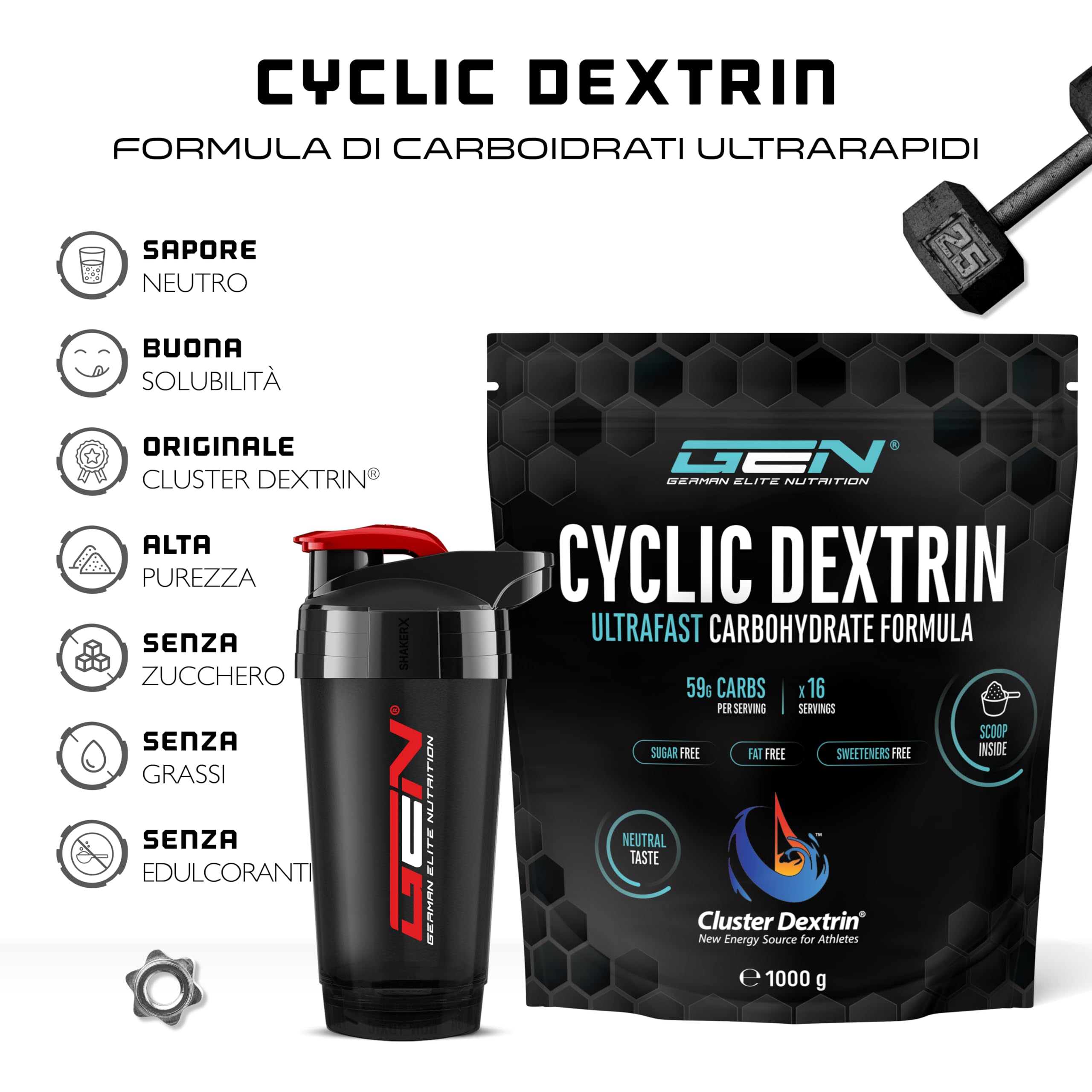 Destrina ciclica (Cluster Dextrin®) 1000 g - Polvere di carboidrati premium - Destrina ciclica altamente ramificata - Polvere energetica brevettata per una maggiore energia - Vegan