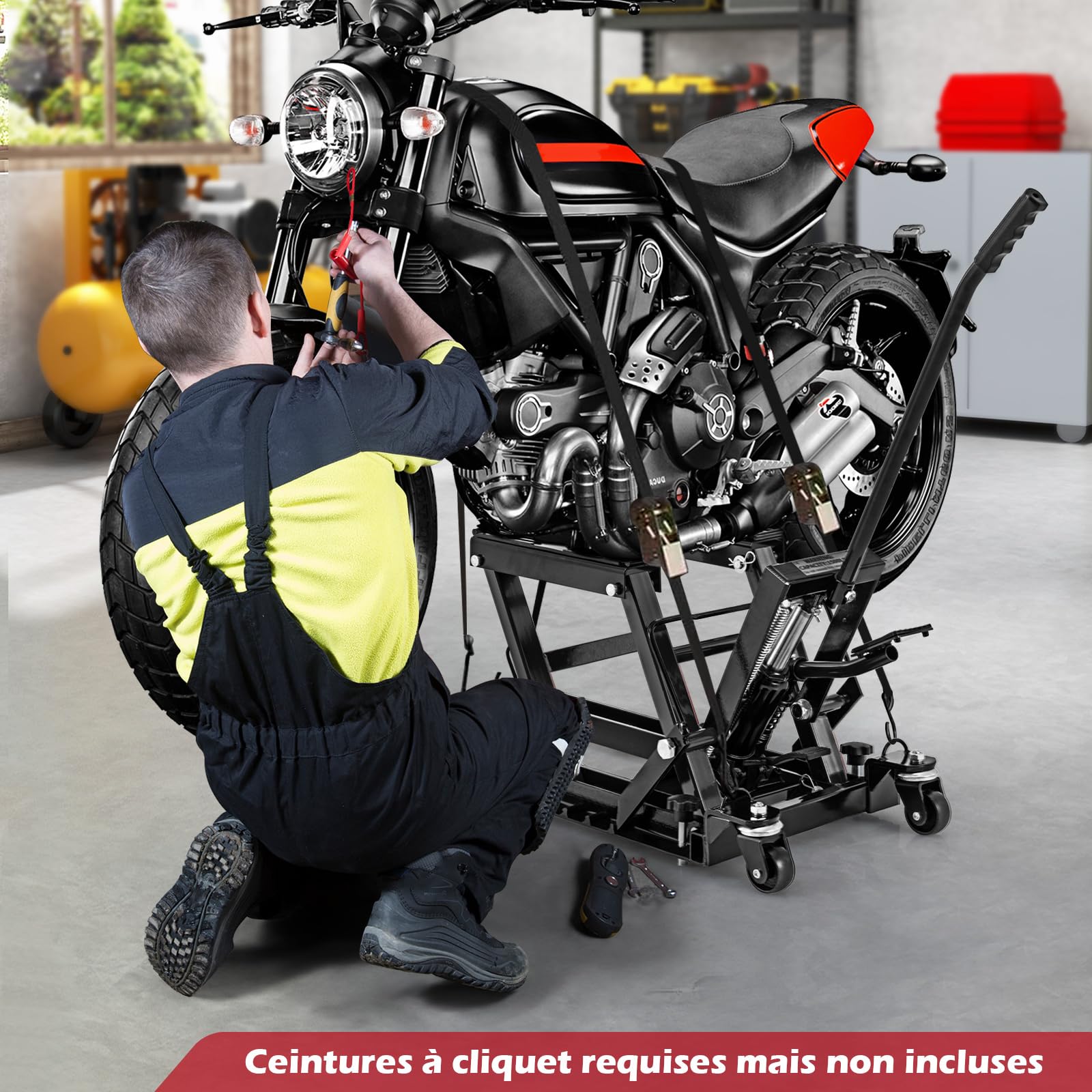 GYMAX Lève-Moto Charge 680KG, Cric de Moto Mobile avec 4 roulettes, Manipulation Facile avec Pédalier, Hauteur Réglable 3 Position 12-38cm, Outil Manutention pour Garage, Atelier, Réparation (Noir)