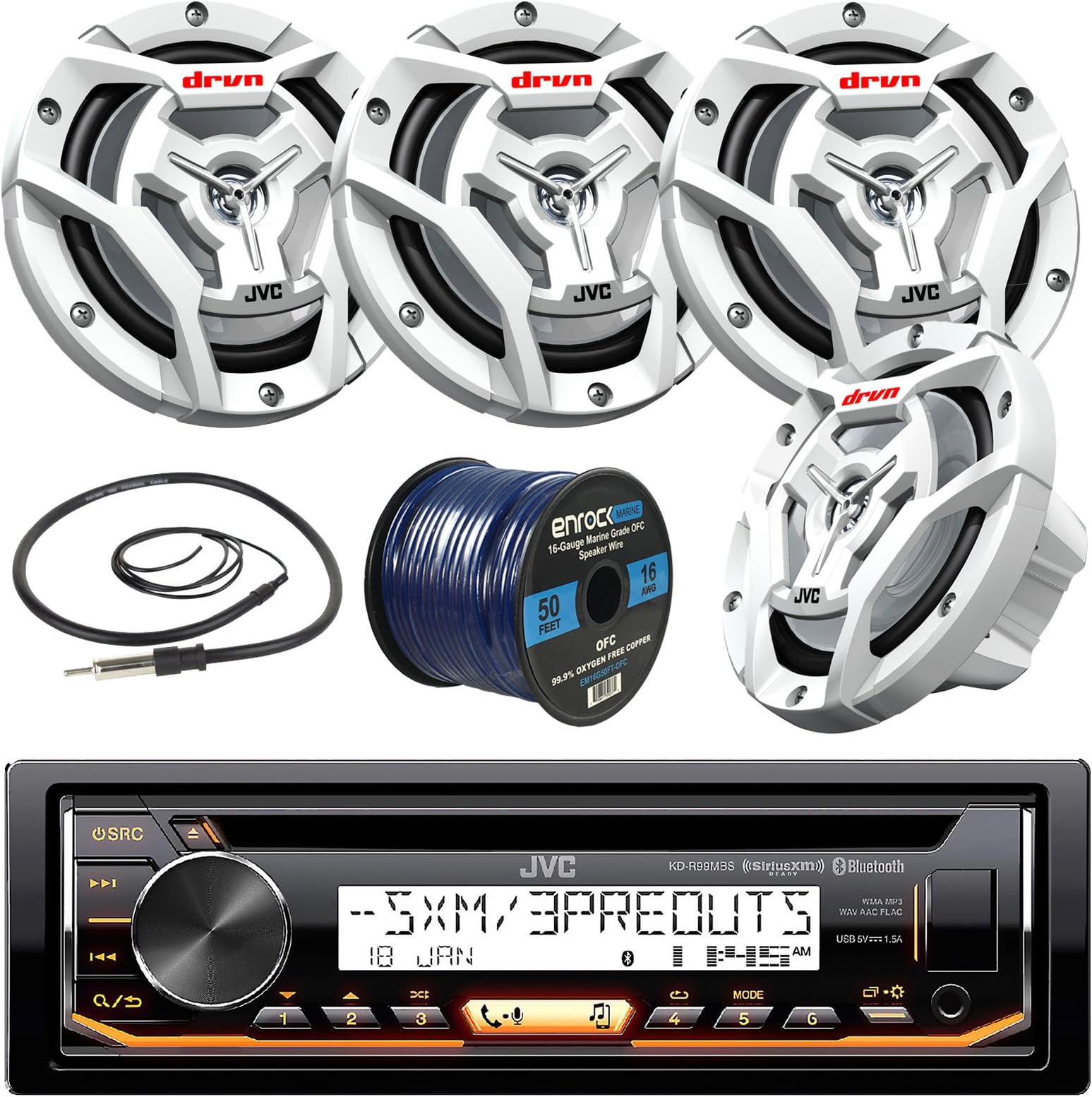 JVC KD-R97MBS Marine Boat Yacht Radio Stereo CD Player Receiver Bundle Combo With 4x JVC CS-DR6201MW 100-Watt 6.5" 2-Way Coaxial Speakers + Enrock Radio Antenna + 50 Foot 16g Speaker Wire