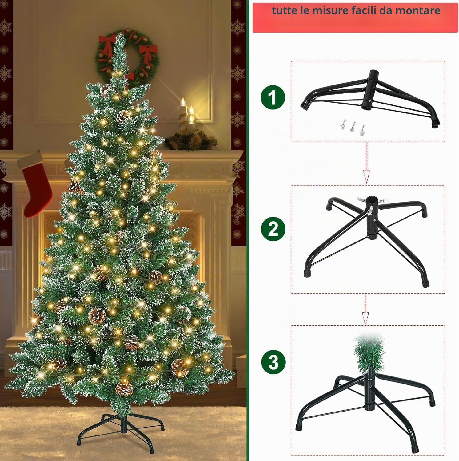 HENGMEI Albero di Natale Artificiale con Luci 120 cm Effetto Neve LED Abete con Supporto Decorazione Natalizia (120 cm 120 Luci)