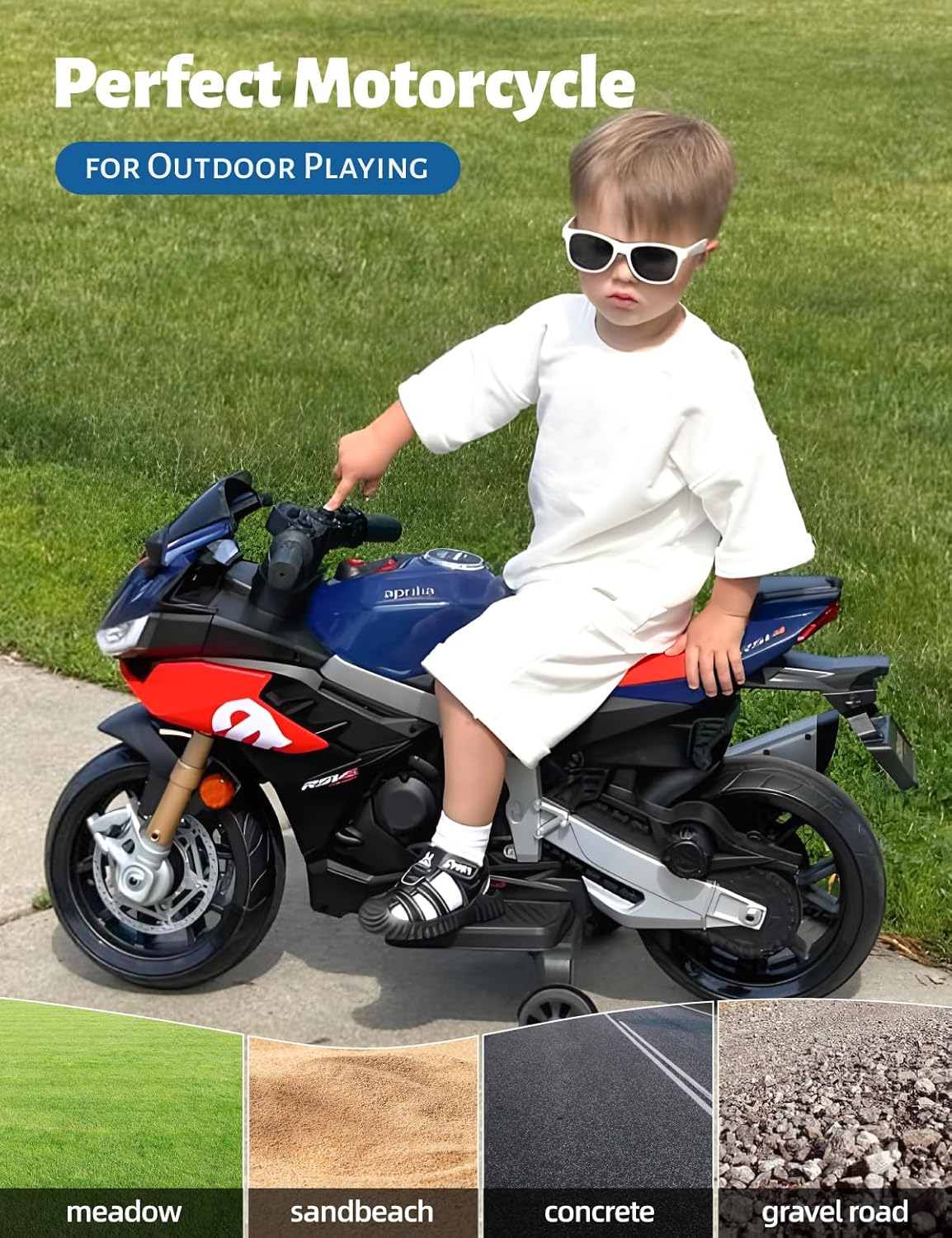 Aprilia RSV4 Licensed Kids Electric Motorcycle with Training Wheels, Parent Remote Control, Toddler Motorcycle Ride On Toy with Lights, Music, Bluetooth, Horn, Foot Pedal & One-Button Start(Blue)