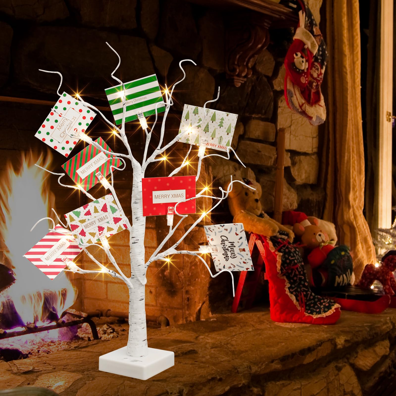 Vanthylit Christmas Tree Decorations, White Birch Tree With LED Lights- Set Of 4