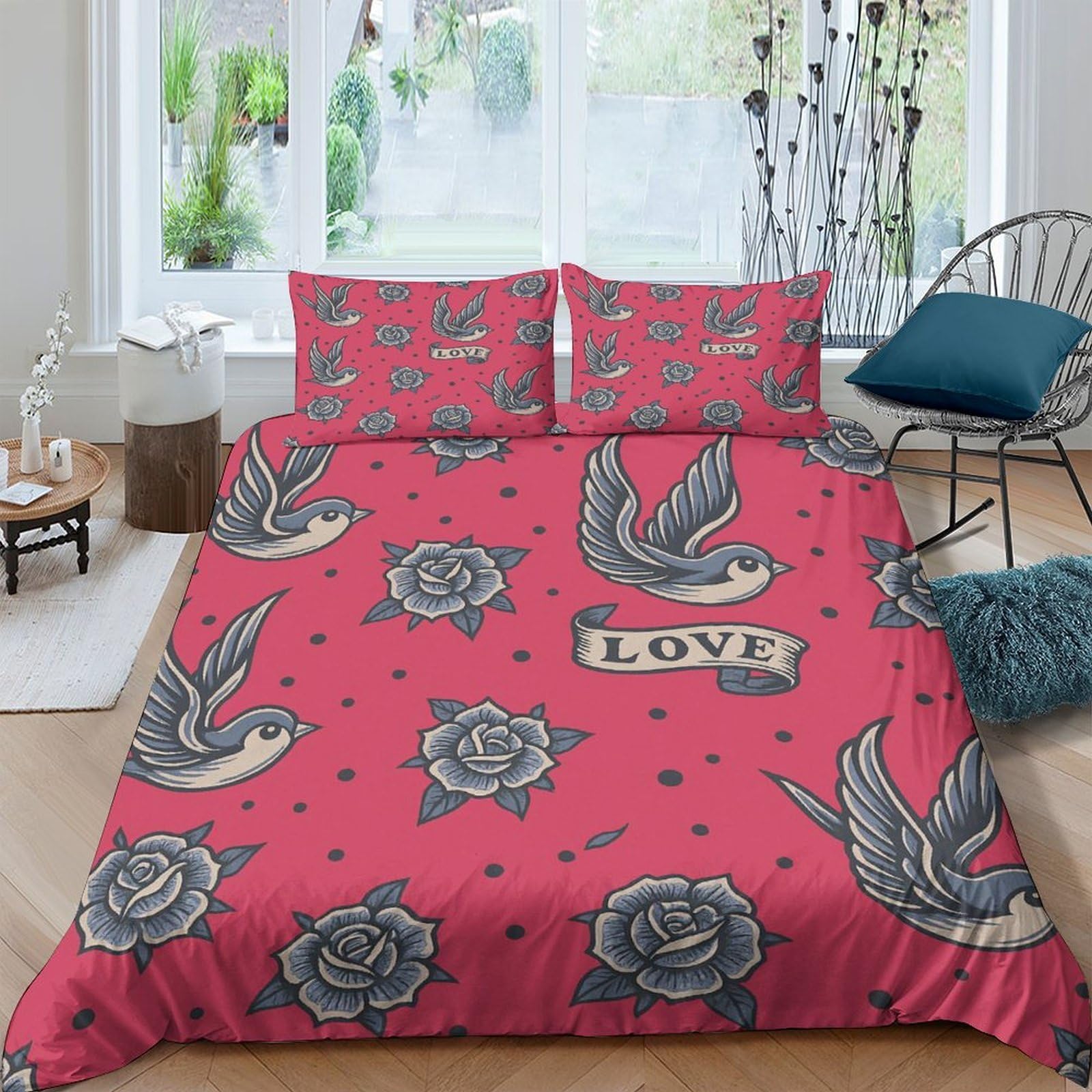 Ctjqhvkz Style-4 3D Printed Red Love Swallow Fitted Sheet Microfiber Bedroom Rose Bed Cover For Home Dorm Mattress Protection Decor Single（135X200cm）