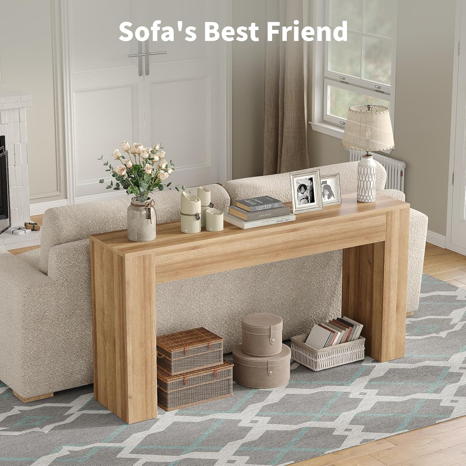 63" Long Console Table, Modern Farmhouse Sofa Table Behind Couch, Rectangular Wood-Finish Entryway Table for Living Room, Hallway, Foyer & Entrance, Wobble-Free Design, Natural