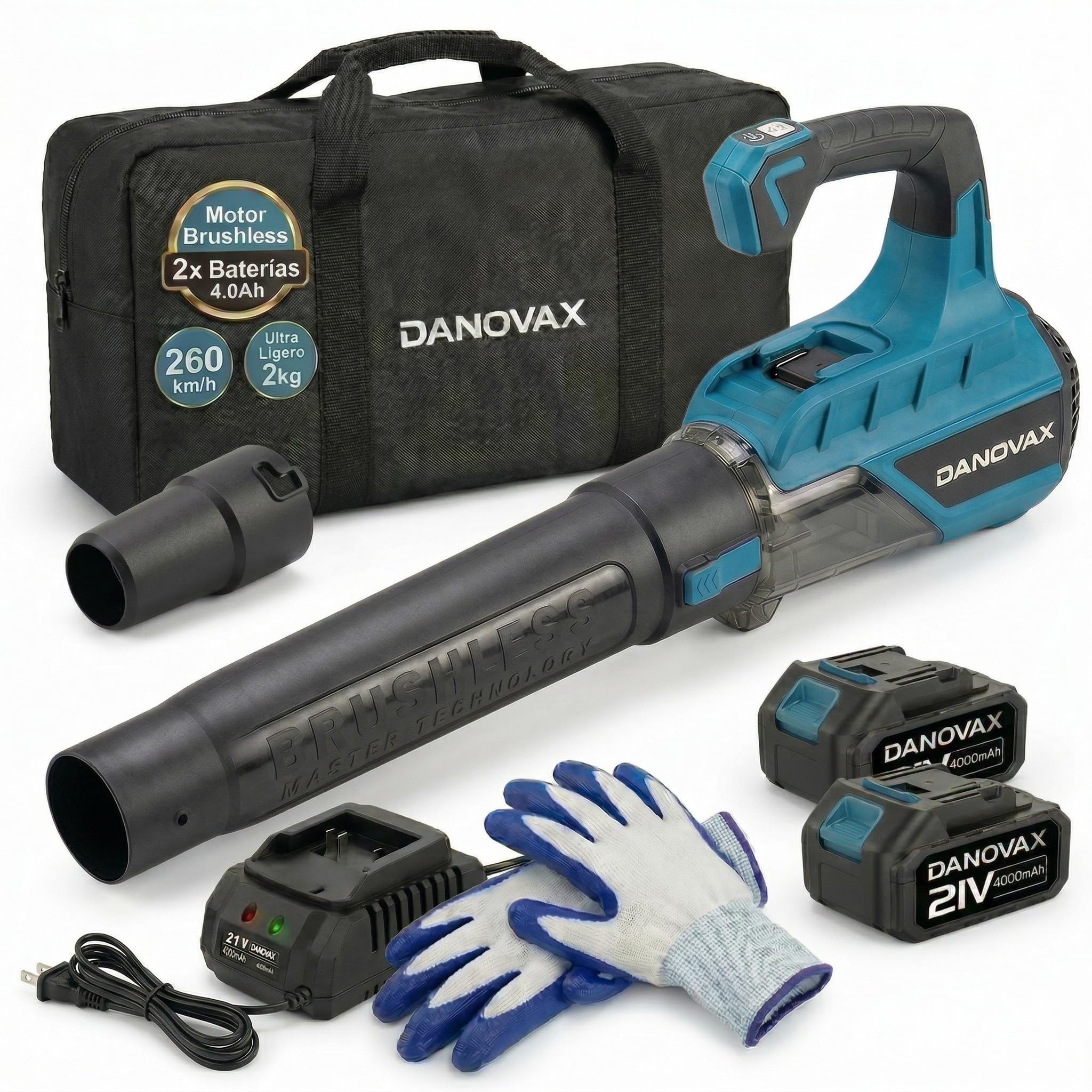 Soplador de Hojas - 2 Baterías 4Ah Incluidas - Motor Brushless - 3 Velocidades - Gran Potencia de Soplado hasta 260 km/h – Cargador con Base - Bolsa de Transporte y Guantes Incluidos