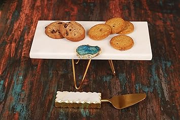 HOMEARTE INDIA Rectangular Cookie Stand with Server and Agate Broach| Cookie Stand With Metal Base | Agate Stone Broach Cookie Stand with Metal Base