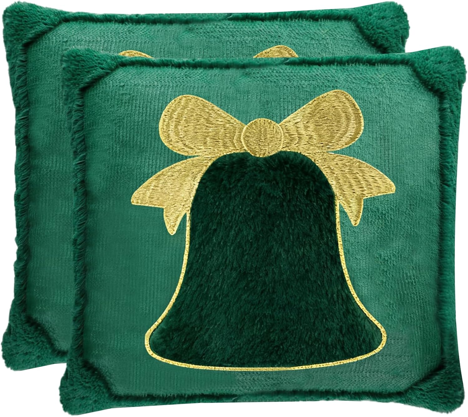Green Pillow Covers Set of 2, 18x18 Inch Plush Faux Fur Throw Pillow Covers for Couch, Embroidered Holiday Decorations for Sofa Bed Living Room Farmhouse Home Decor