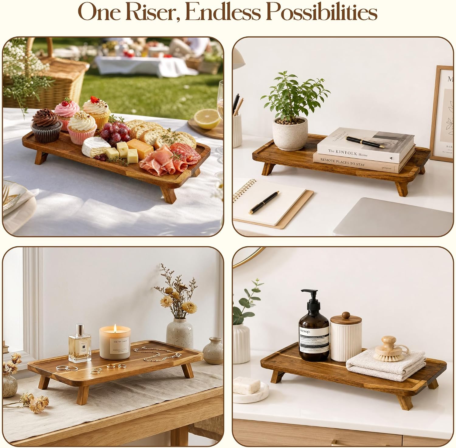 Acacia Wood Cupcake Stand, Foldable Serving Tray for Party Charcuterie Boards, Wooden Dessert Table Display Riser for Birthday Wedding Christmas, Single Cake Platter