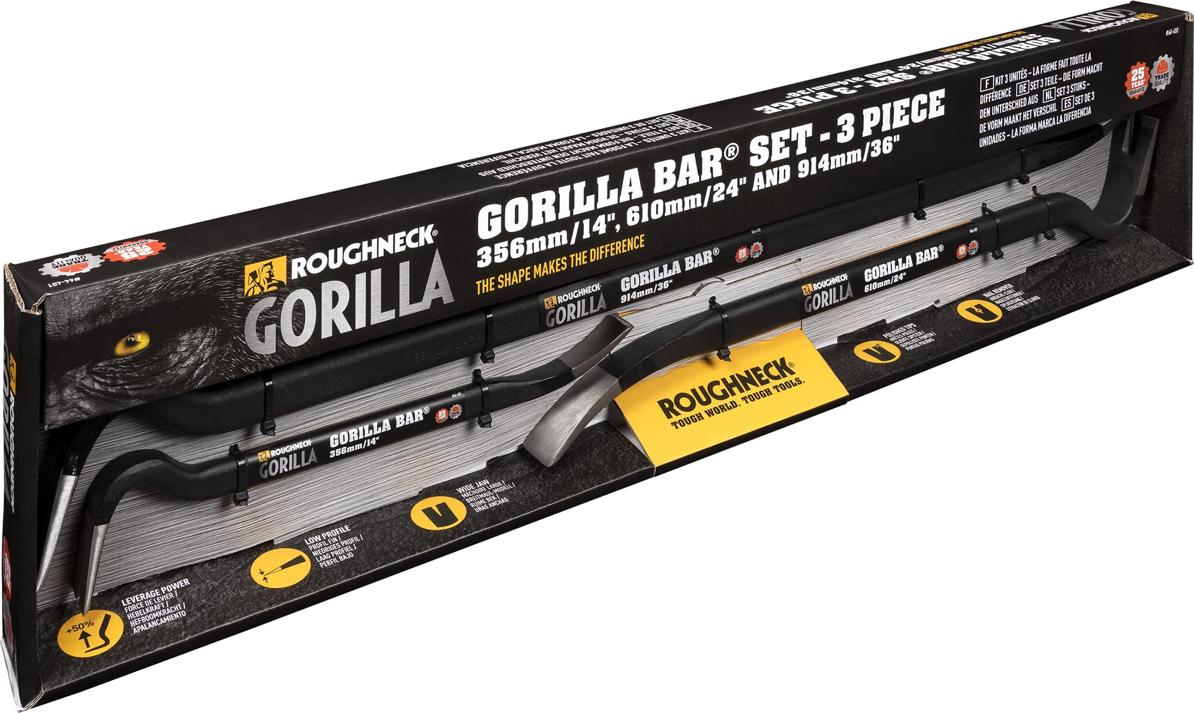 Gorilla Bar 3 Piece Set – 14in (356mm), 24in (610mm) & 36in (914mm) Drop Forged & Heat Treated Premium Wrecking Bars