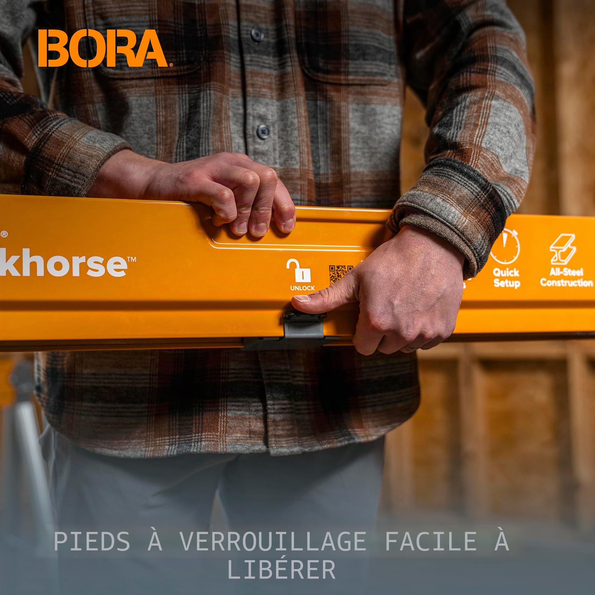 Bora Workhorse PM-3350 Chevalet de sciage avec pieds pliants, dessus en métal pour 2 x 4, chevalet de sciage professionnel robuste pour travail du bois, charpentiers, entrepreneurs
