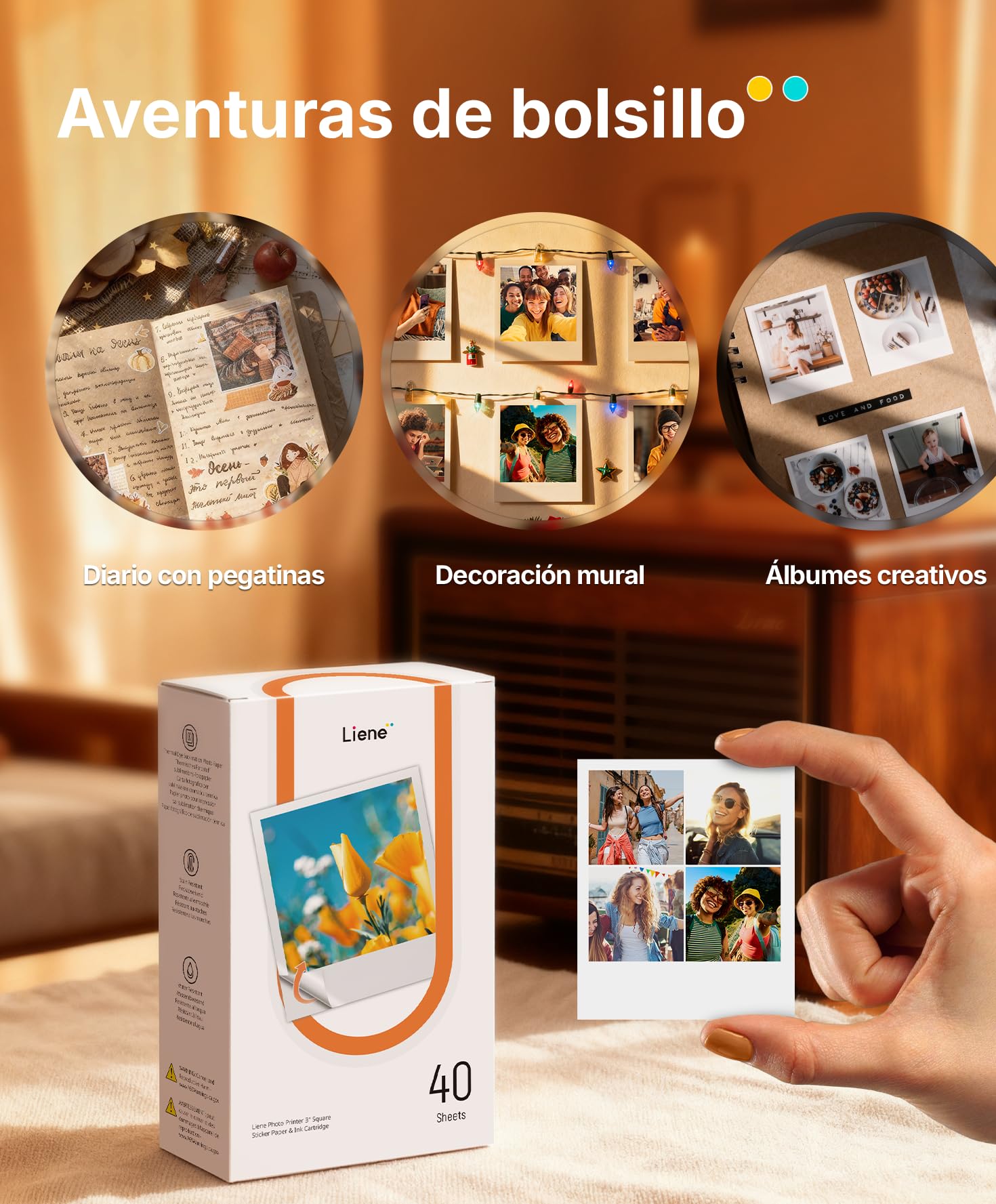 Liene Amber M110 & M210 Adhesivo Original : 40 Hojas de Papel Fotográfico Cuadrado 7,7 cm + 1 Cinta, Adhesivo Instantáneo, Resistente al Agua y las Huellas, Compatible Exclusivamente con DHP514/DHP515