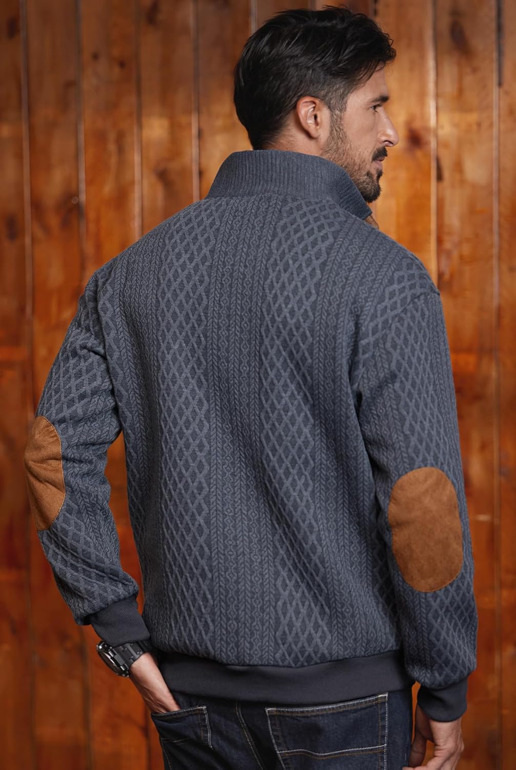 Men's Textured Thermal Sweatshirt Heavyweight Fleece Lined Pullover with Elbow Patches (S-XXL) - Image 8