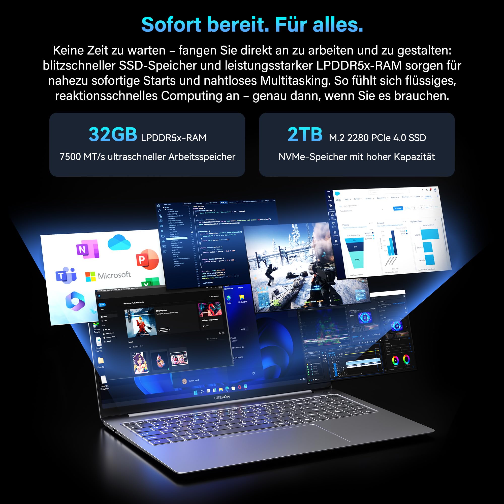 GEEKOM GeekBook X16 Pro Laptop, 1299g Metallgehäuse, 16" 2.5K, Intel Core Ultra 9-185H, 32GB LPDDR5x 7500MT/s, 2TB SSD, USB4, Fingerabdrucksensor, DTS:X Ultra, bis zu 17h Akku, Copilot, Windows 11 Pro