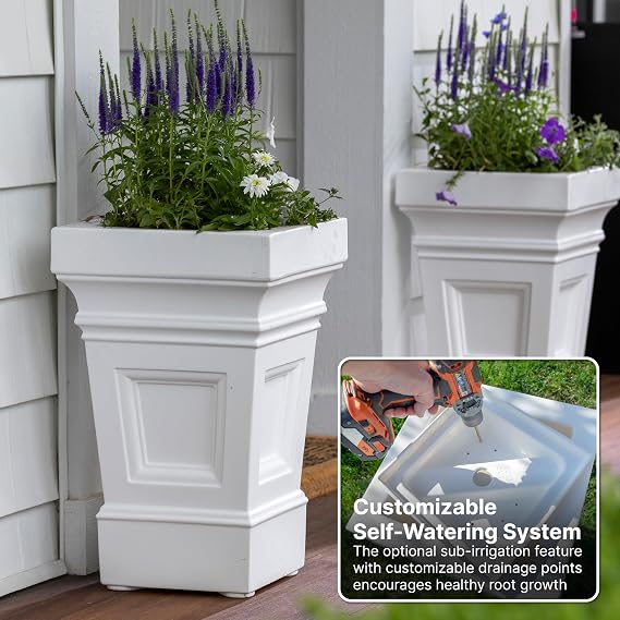 Step2 Atherton Square Planter, Large Planters for Outdoor Plants, Gardening and Flower Pot for Patio or Porch, Efficient Drainage, Durable Plastic, Classic White