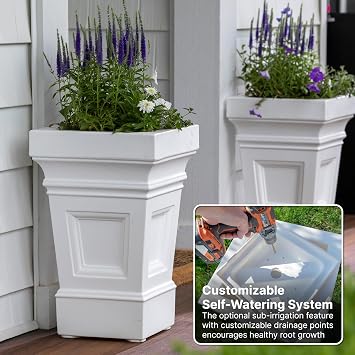 Step2 Atherton Square Planter, Large Planters for Outdoor Plants, Gardening and Flower Pot for Patio or Porch, Efficient Drainage, Durable Plastic, Classic White