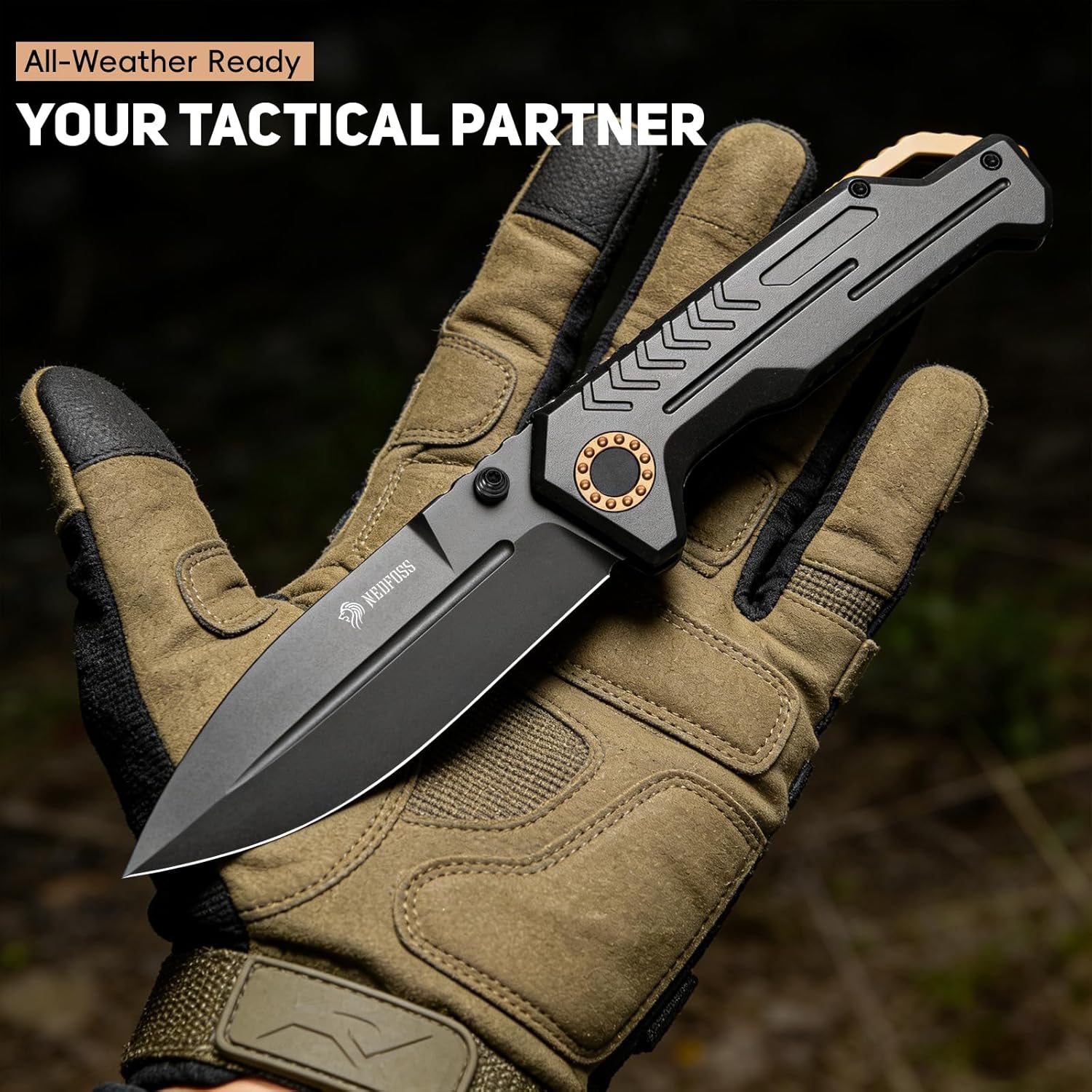 NedFoss M17 Tactical Knife, Large Pocket Knife for Men, 3.4" PVD D2 Steel Folding Knife with Lightweight Aluminum Handle, Glass Breaker, Frame Lock, Clip, Cool Survival Knives For EDC Hunting Work