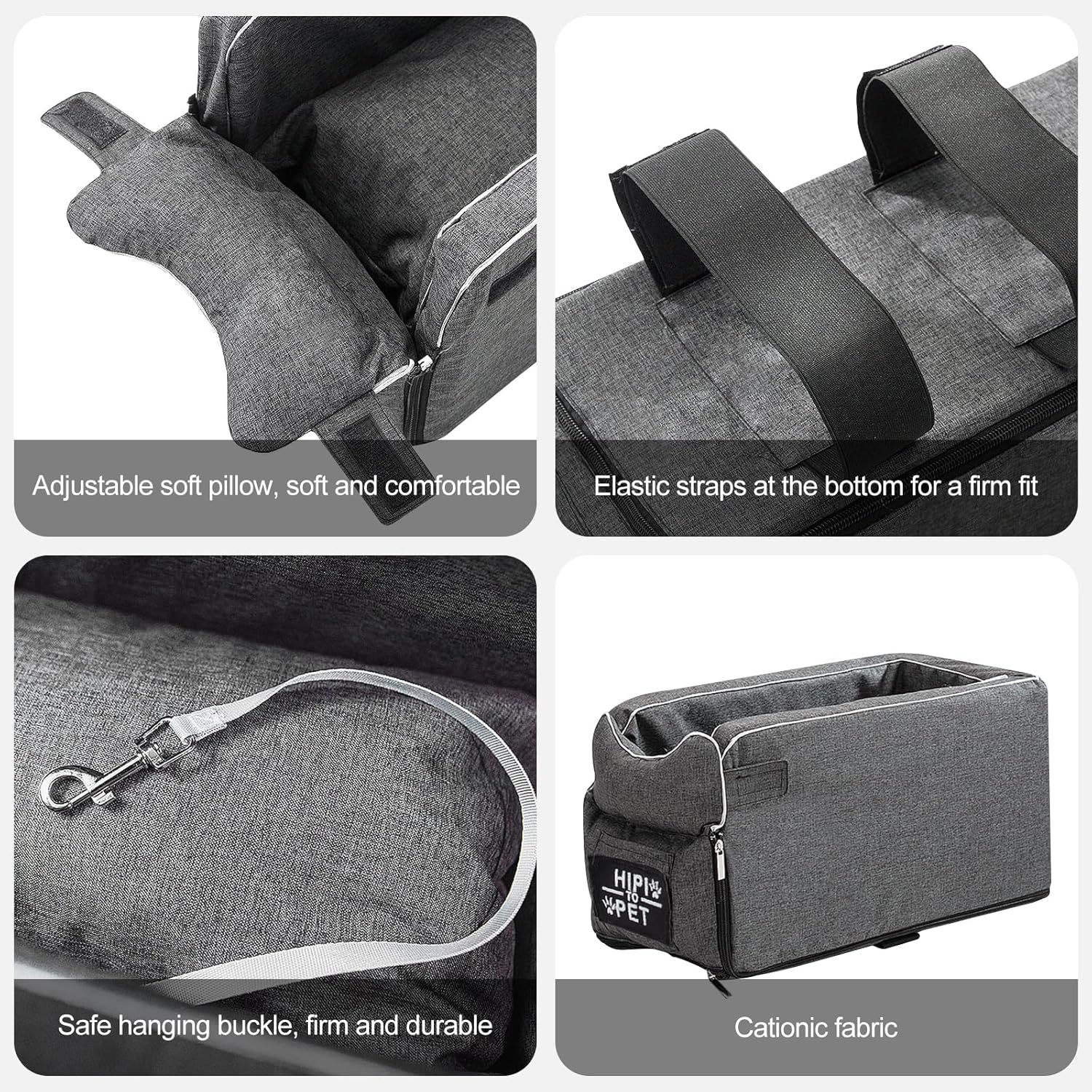 Ergocar Pets Booster Seat for Small Dogs & Cats, Grey, 16.54"L x 20"W x 8.66"H, 6kg Max Weight, Suede & Bio-Fleece, Nylon Elastic Straps