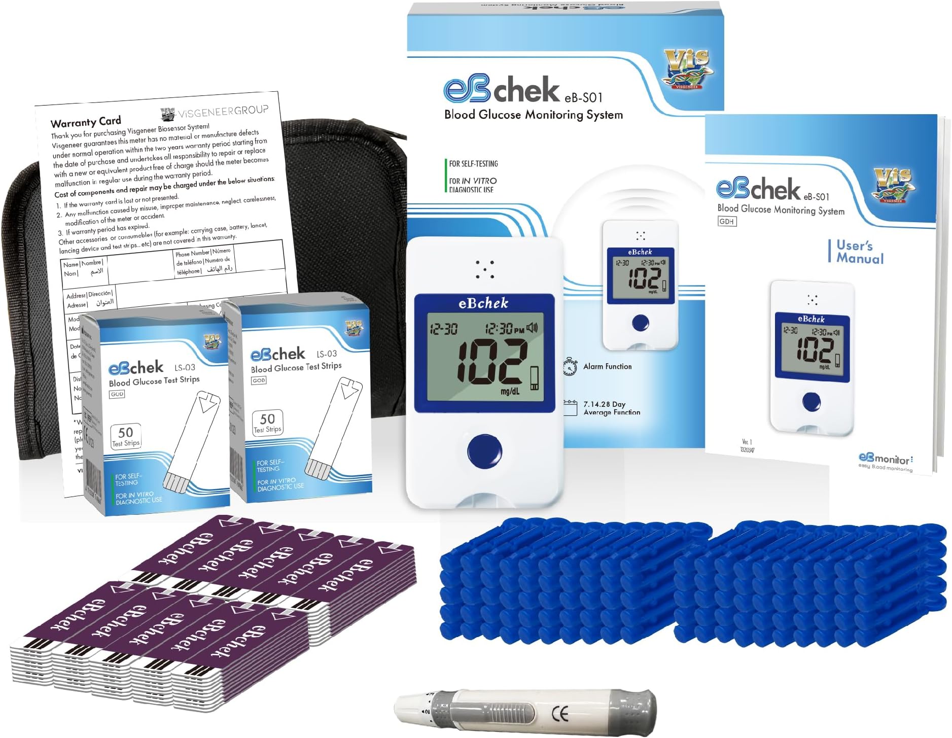 eBchek Blood Glucose Monitor Kit with Voice, 100 Test Strips, 100 Lancets 30G, 1 Blood Sugar Monitor for Diabetes, Talk Function, No Coding, Multi-Lingual Voice, Blood Sugar, Lancing Device