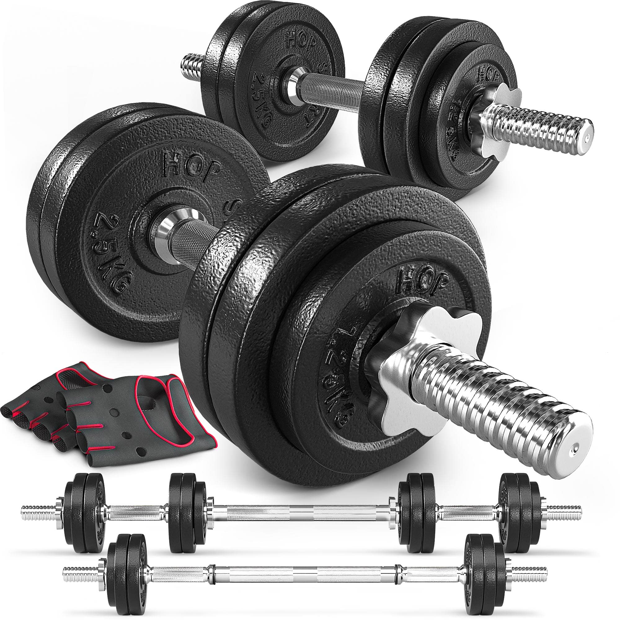 Hop-Sport 2in1 Hantelset Kurzhanteln & Langhantel – Verstellbare Gusseisen Hanteln mit Verbindungsrohr – Training Zuhause Krafttraining inkl. Trainingshandschuhe