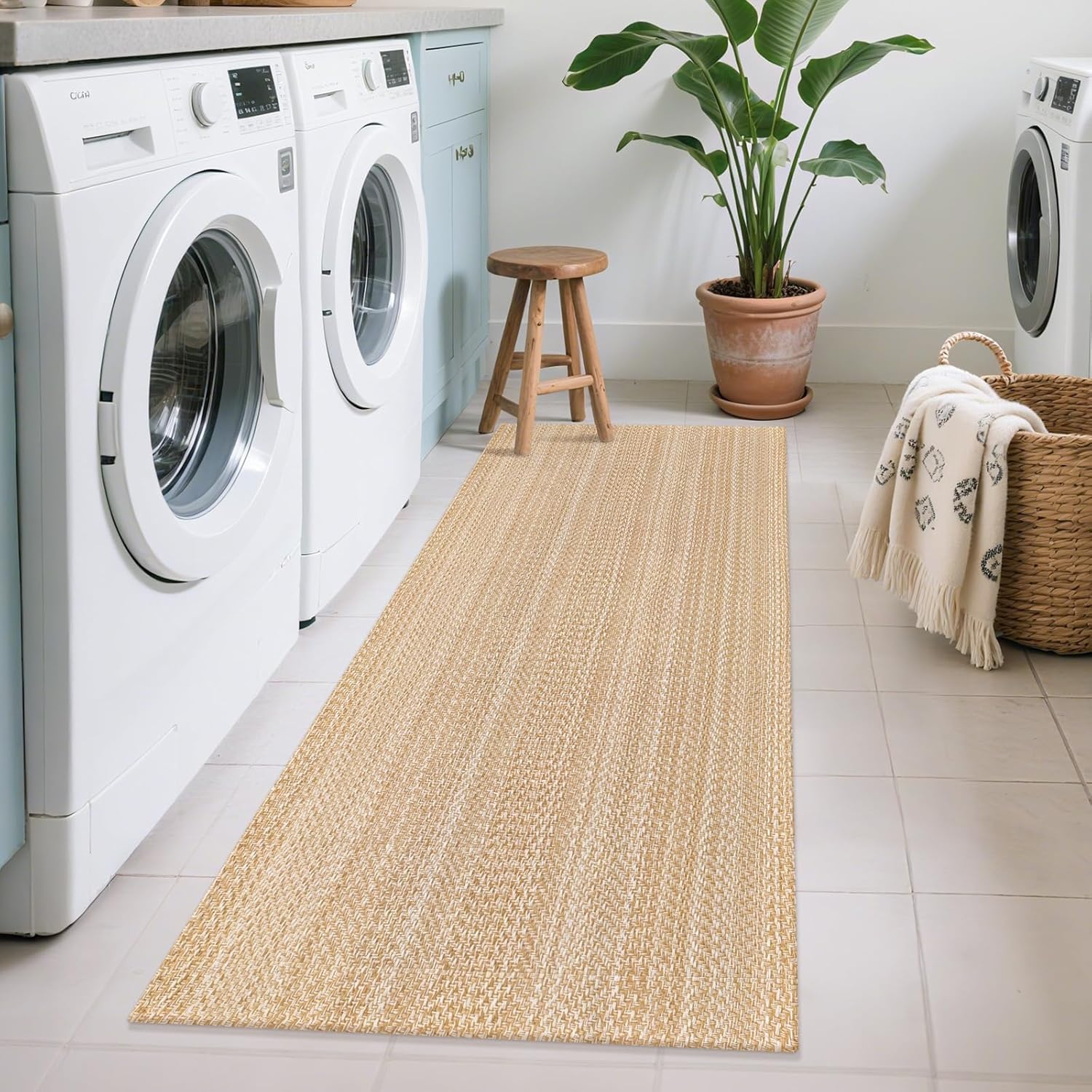 Runners for Hallways 2x5 ft Washable Kitchen Runner Non Slip Rubber Backed Hall Runners Cotton Entryway Runner Rugs Floor Carpet for Indoor Backdoor Bedroom Kitchen, Khaki/Ivory