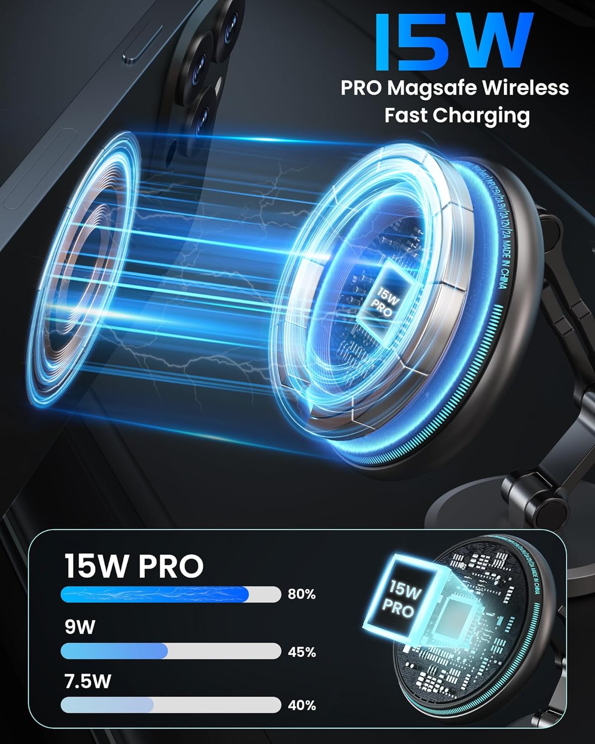 15W Caricatore Wireless Auto per Magsafe,Caricabatteria da Auto Wireless,Supporto Magnetico Telefono Aricabatterie,Porta Cellulare Auto Pieghevole in Lega di zinco per iPhone 16 15 14 13 12 - Immagine 2