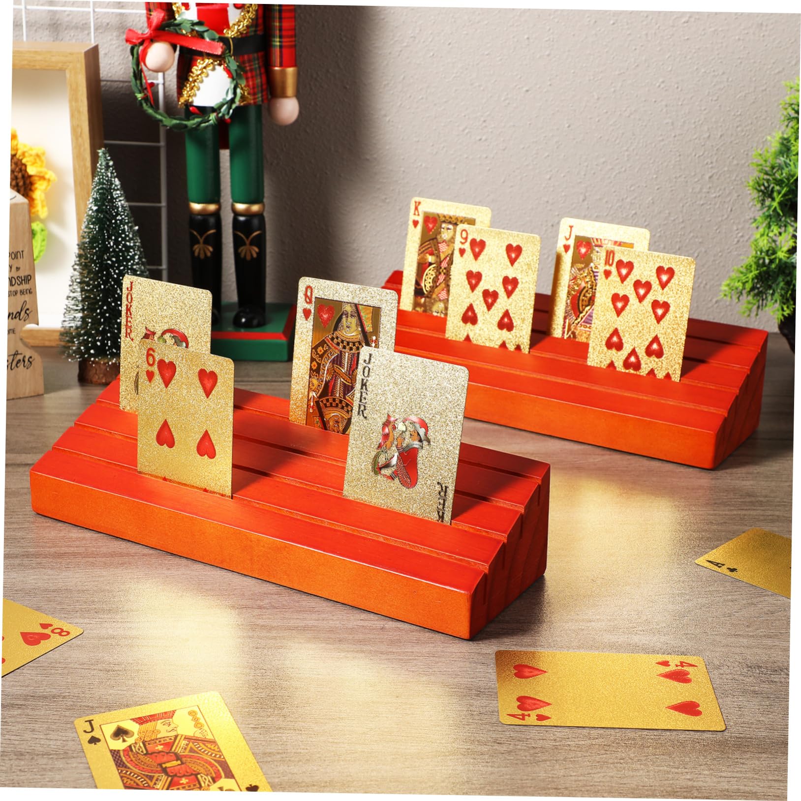 2 Soportes de Madera para Naipes, Bandeja para Cartas de Juego, Color Marrón, Acceso Fácil y Visualización Clara, para Partidas y Fiestas