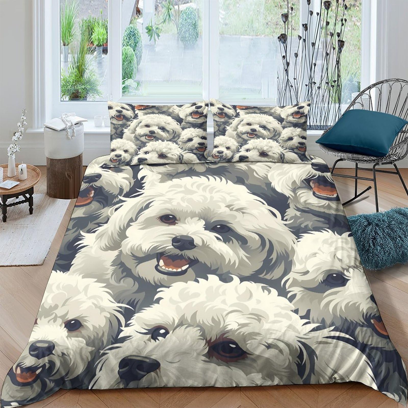 P5V6M1Q9 3D Printed White Fluffy Dog Duvet Cover Set Microfiber Soft Breathable Bedding with 2 Pillowcases for Bedroom Decor, Single（135x200cm）