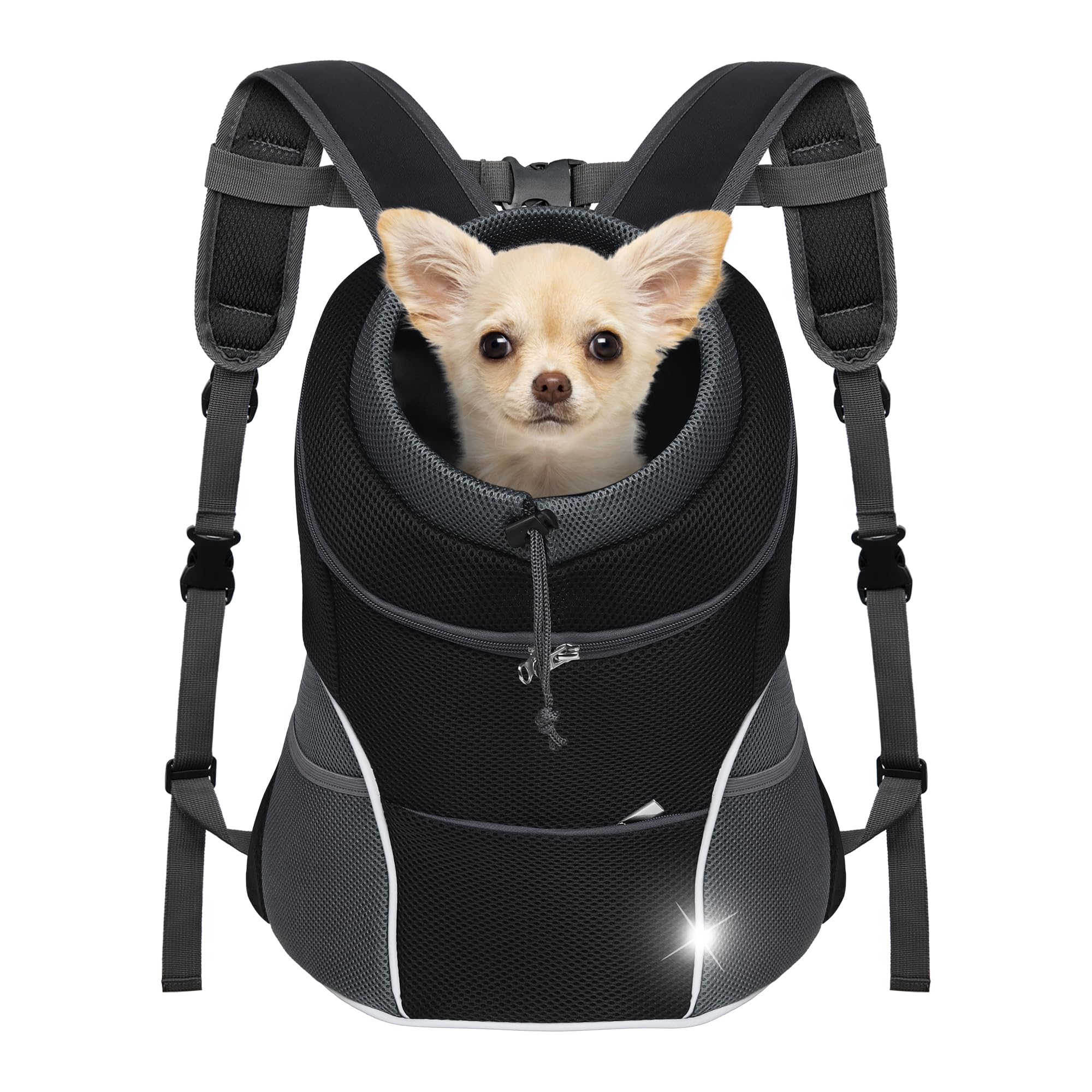 YUDODO Dog Front Carrier Backpack, Adjustable Breathable Pet Carrier for Small Dogs Cats, Ventilated Puppy Back Pack with Safety Belt, Lightweight Doggy Backpack for Hiking Outdoor (Black, M)