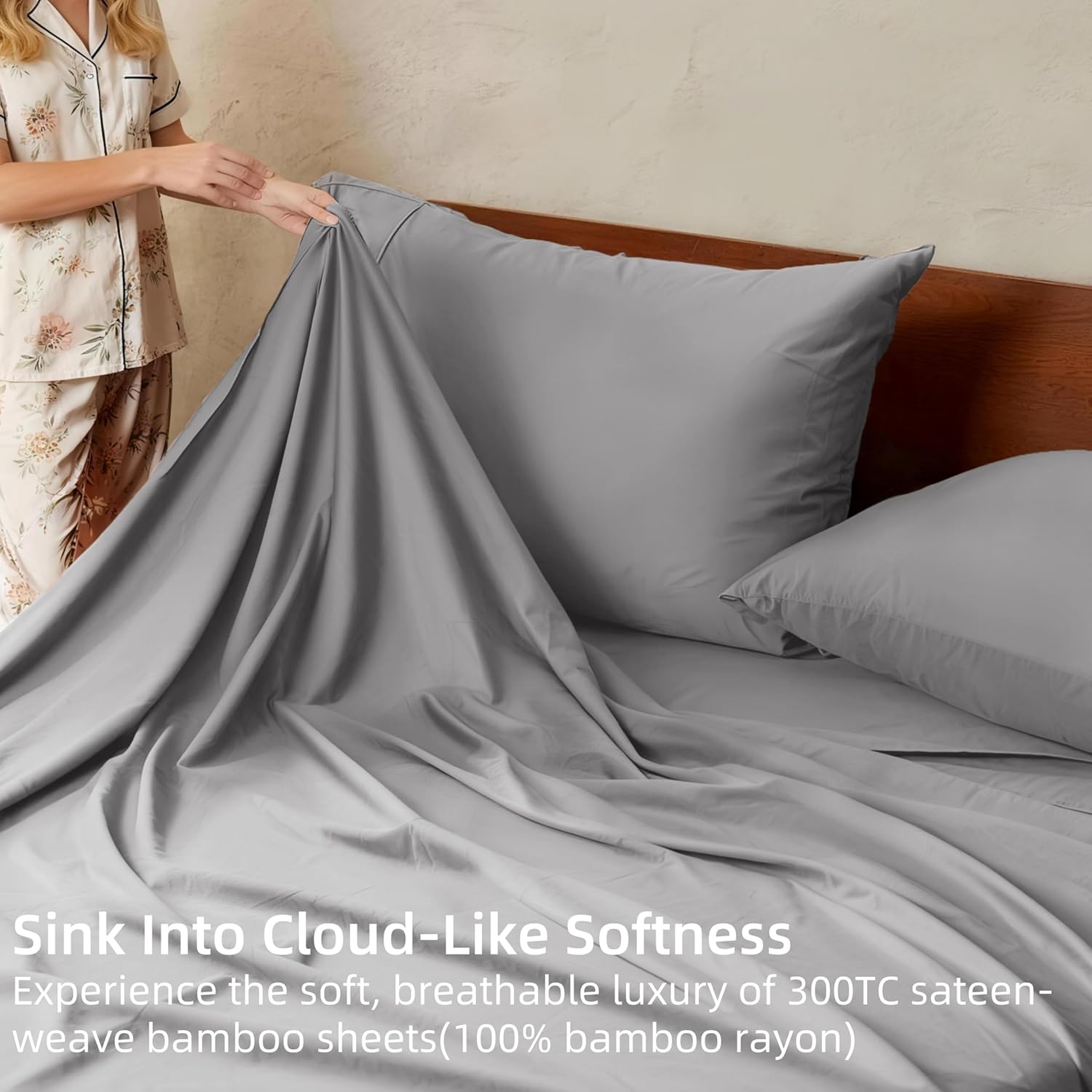 GOKOTTA Queen Size Bed Sheets 4 Piece Set, Super Soft Sheets, Cooling Sheets for Hot Sleepers - Hotel Luxury Silky Breathable Sheet, Deep Pocket Up to 16" - Durable Double Stitched (Grey)