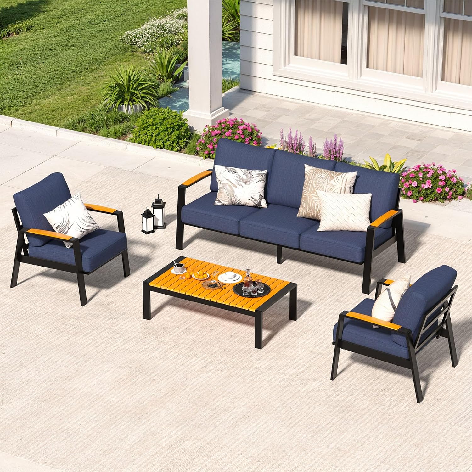 Aluminum Patio Furniture Set, 4 Piece Modern Outdoor Coversation Sets with Teak Coffee Table, Metal Sectional Sofa Couch for Porch, Balcony, Deck, Blue
