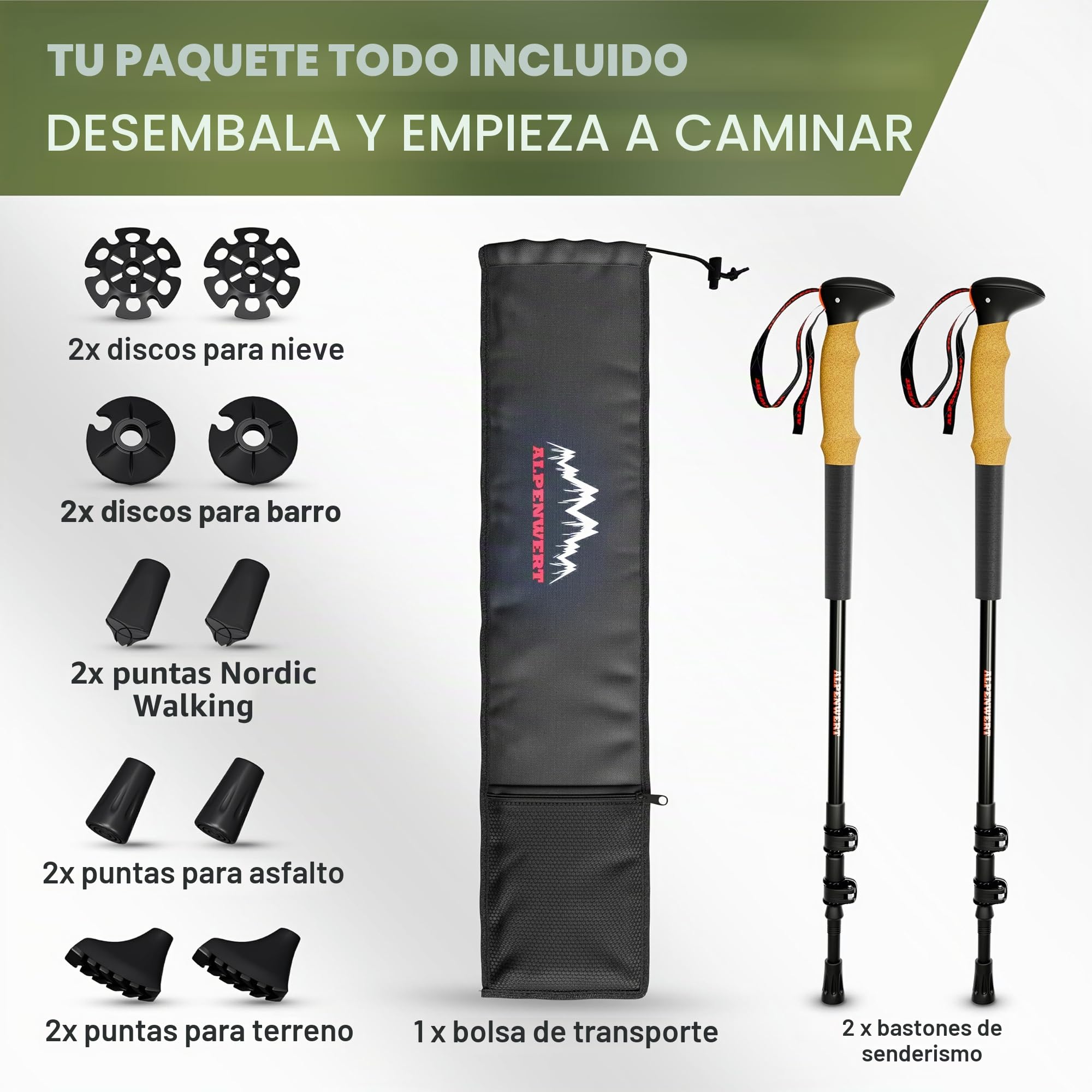 ALPENWERT Bastones de Senderismo [Carbono o Aluminio] para Hombre y Mujer - Telescópicos Con Mango de Corcho para Trekking, Marcha Nórdica y Excursiones