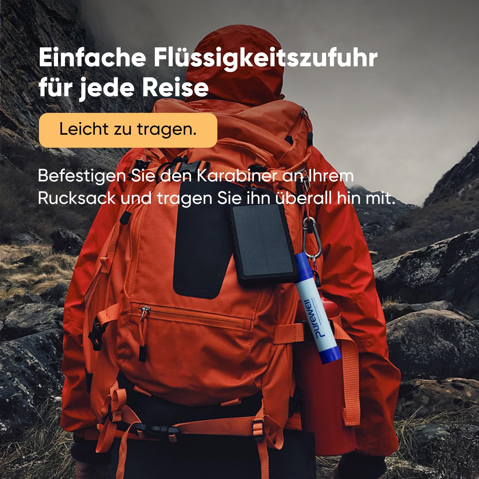 Purewell Outdoor-Wasserfilter – 0,01 μm Ultrafeinfilter entfernt 99,99% Bakterien & Schwermetalle | 1500 Litern Filterkapazität | Tragbarer Trinkwasserfilter mit Karabiner für Survival & Outdoor