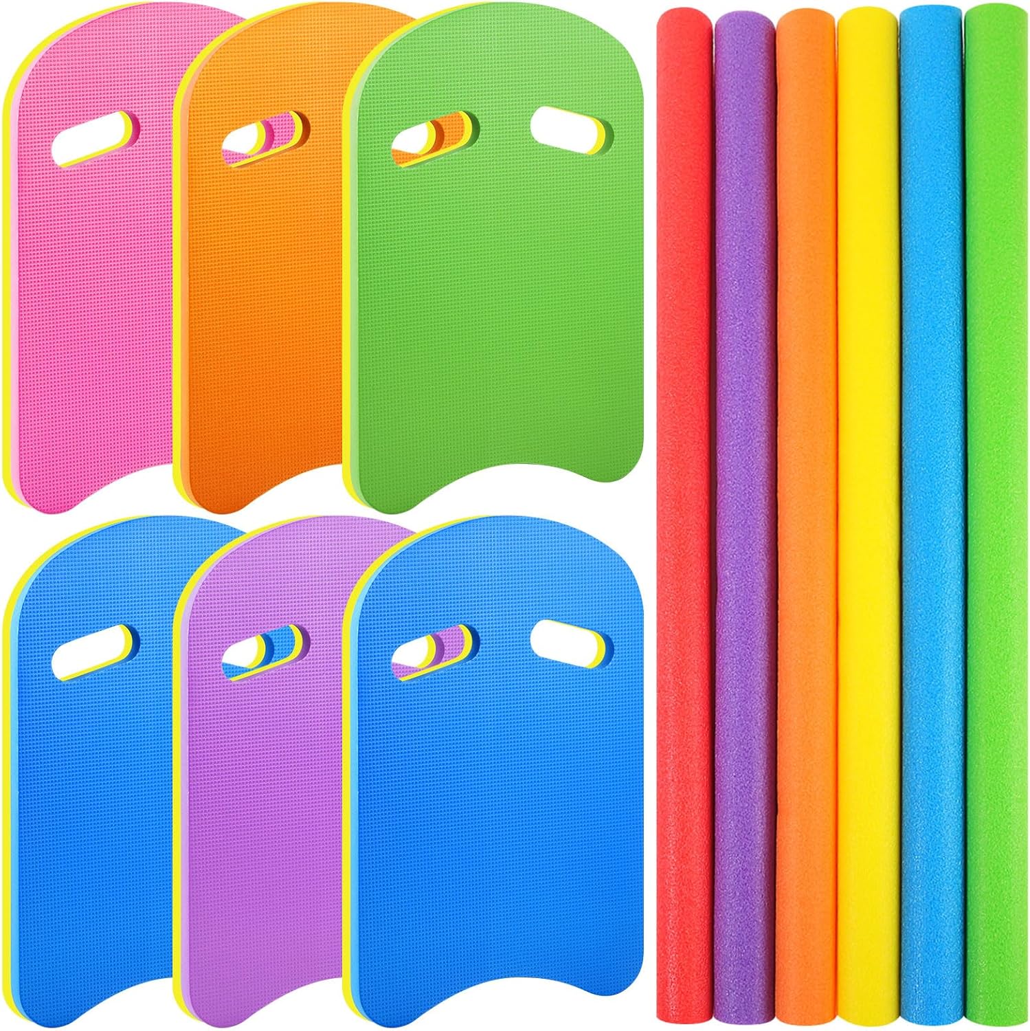 Soulchen 12 Pack Swim Kickboards and Pool Noodles, Large Hollow Foam Swimming Pool Noodles & Colorful U Shape Kick Board Bulk Floating Training Aid for Adults Swimmers Water Lessons Exercise