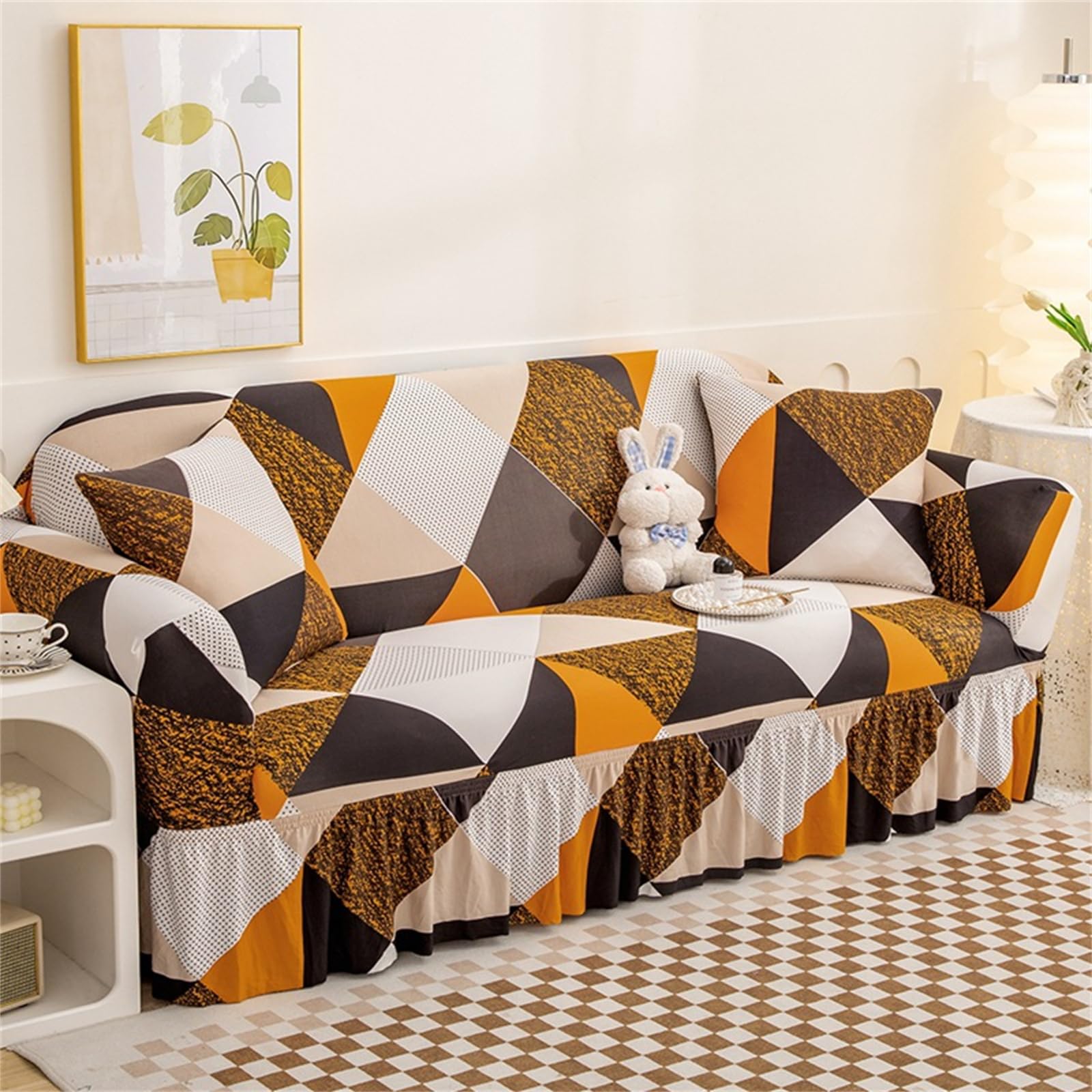 Hearda High Stretch Sofa Covers 1/2/3/4 Seater, Elastic Non Slip Sofa Slipcover Washable Universal Soft Couch Sofa Cover with Skirt (4 seats,Geometric)