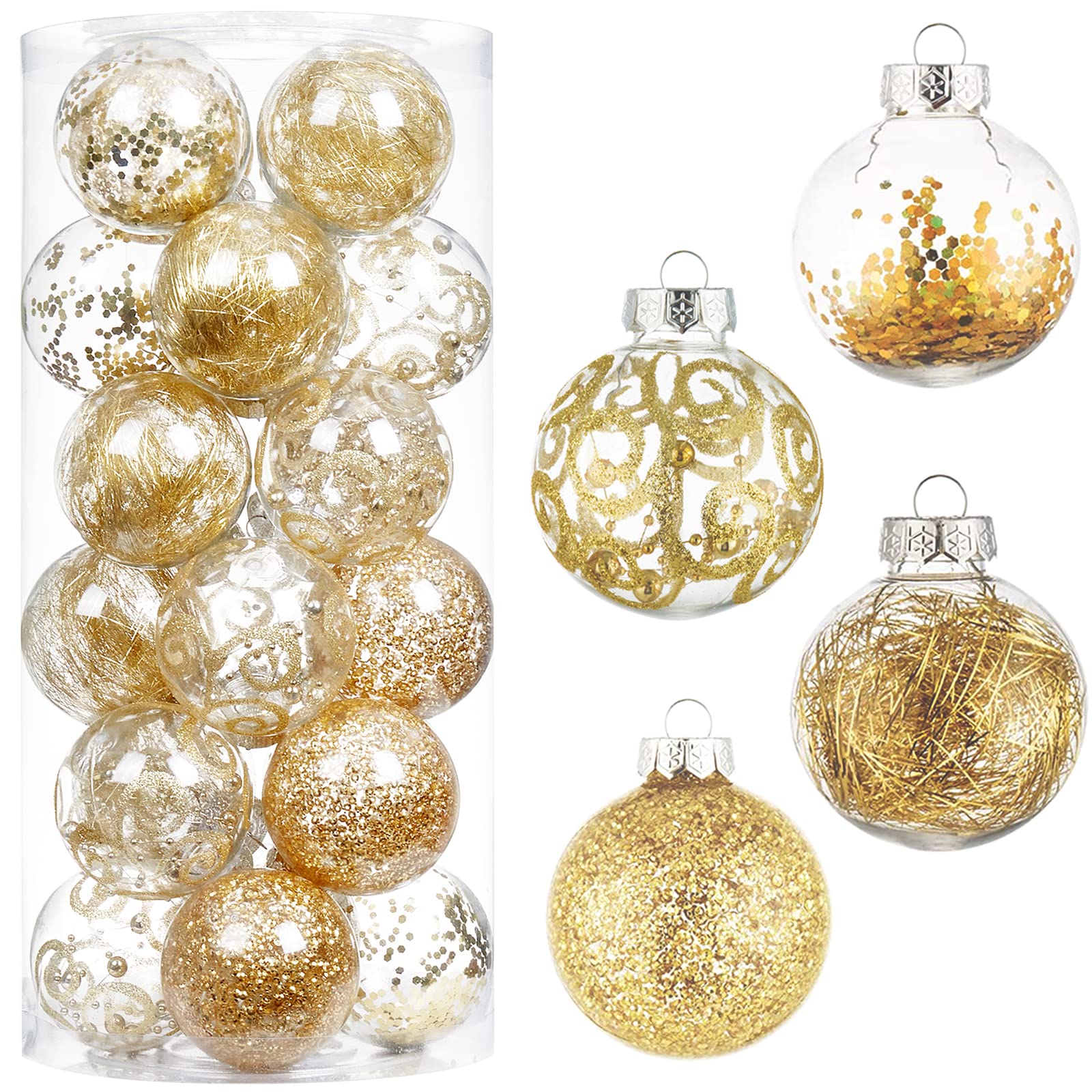 Wironlst Adornos de Bola de Navidad de 2.76 Pulgadas, inastillables, de plástico Transparente, Grandes, para Colgar, Juego de Bolas Decorativas con Relleno Delicado (24 Unidades, Dorado)