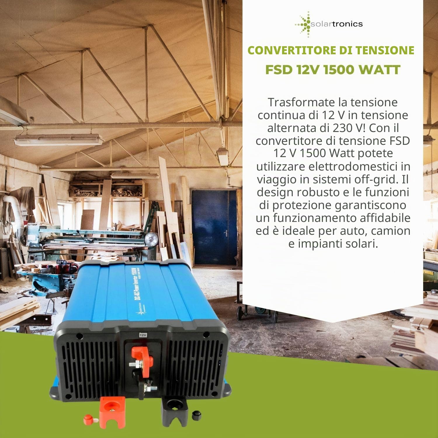 solartronics Convertitore di tensione FS1500D 12 V 1500/3000 Watt Pure Sinus Blue m. Display FS Serie LiFePO4 / Litio, Piombo, Gel o AGM batteria compatibile Inverter