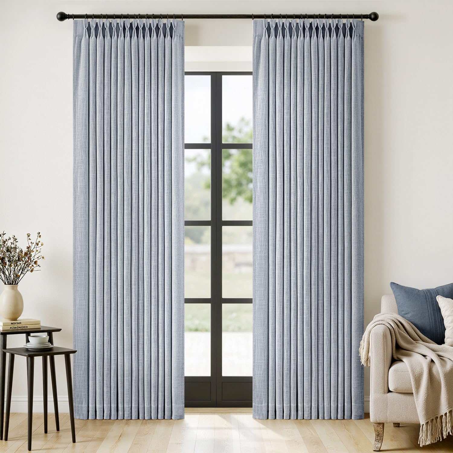 Photo 1 of MIULEE Pinch Pleated Thick Linen Curtains 90 Inches Long 2 Panels for Living Room Bedroom, Linen Textured Memory Trained Pleat Drapes Back Tab Light Filtering Light Blue Window Curtains with Hooks