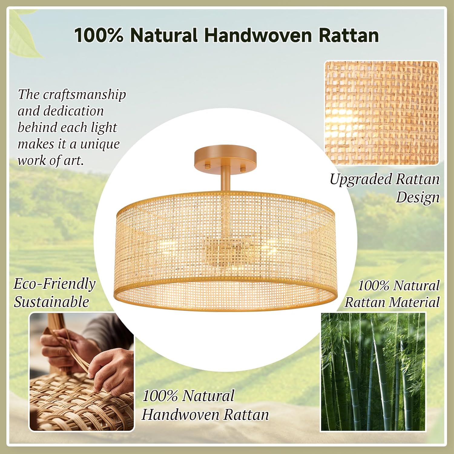 Hamilyeah Boho Drum Ceiling Light Fixture Flush Mount with Woven Shade, Gold 16 inch Light Fixture Ceiling Mount Wicker Shade, Bamboo Rattan Light Fixtures for Living Room, Bedroom Dining Room
