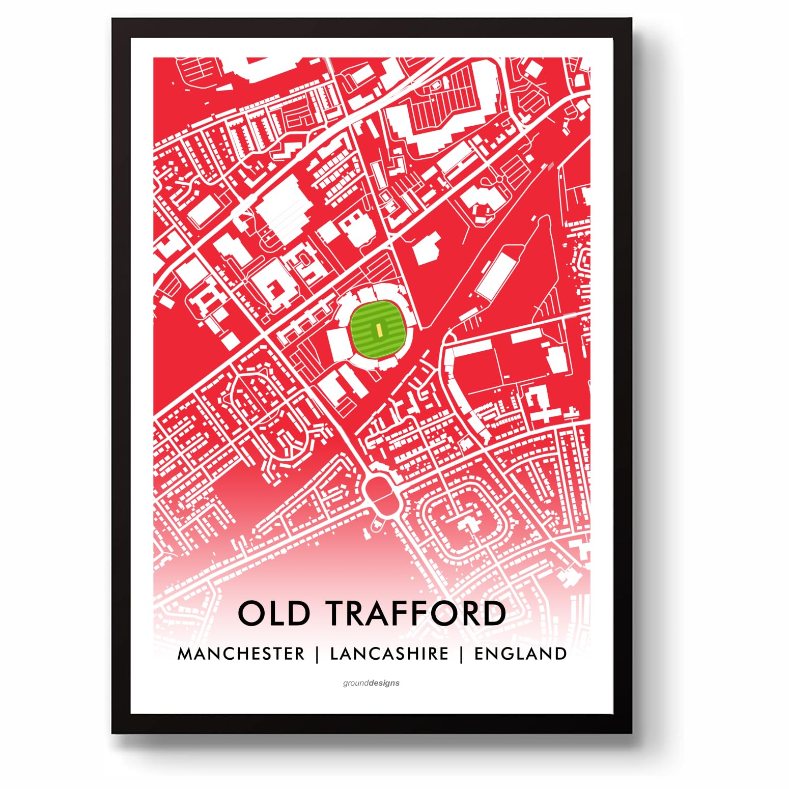 Grounddesigns Men's Red And White Old Trafford Cricket Ground Manchester Lancashire Test Match Gift Stadium Art Unframed A3 Print