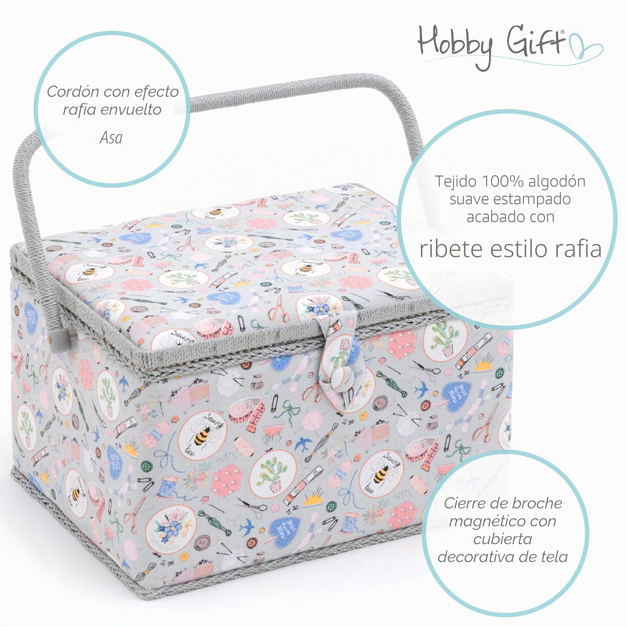 Hobby Gift Caja de Costura Grande con Asa, Cesta de Algodón para Almacenaje de Costura, Organizador con Compartimentos, 23,5 x 31 x 20 cm, Hecho en casa