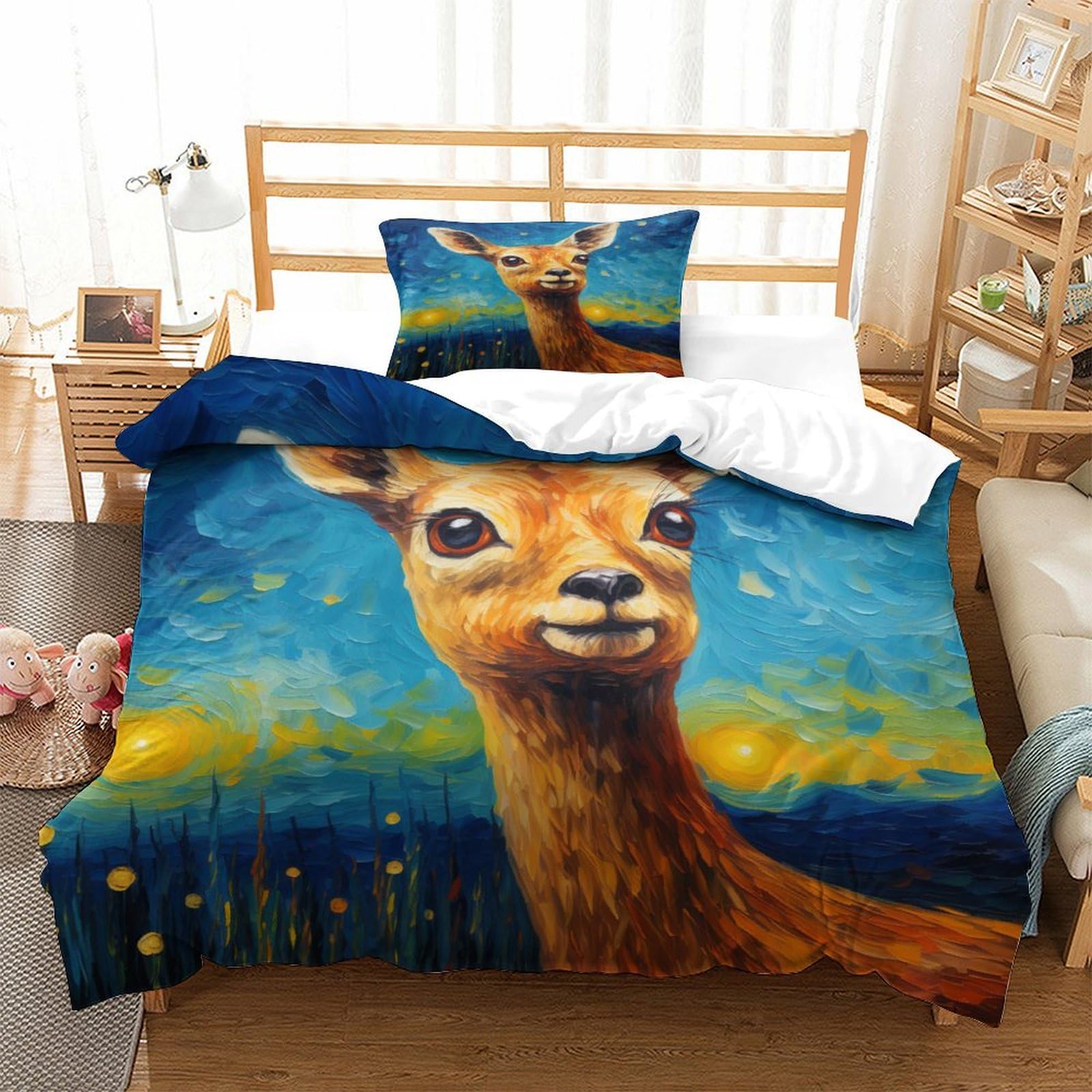 P1S9U7W5Y Nature Animal 3D Printed Deer Duvet Cover Set 3 Pieces Microfiber Bedroom Decor Deer Bedding Set Soft Breathable for Adults Teens Single（135x200cm）