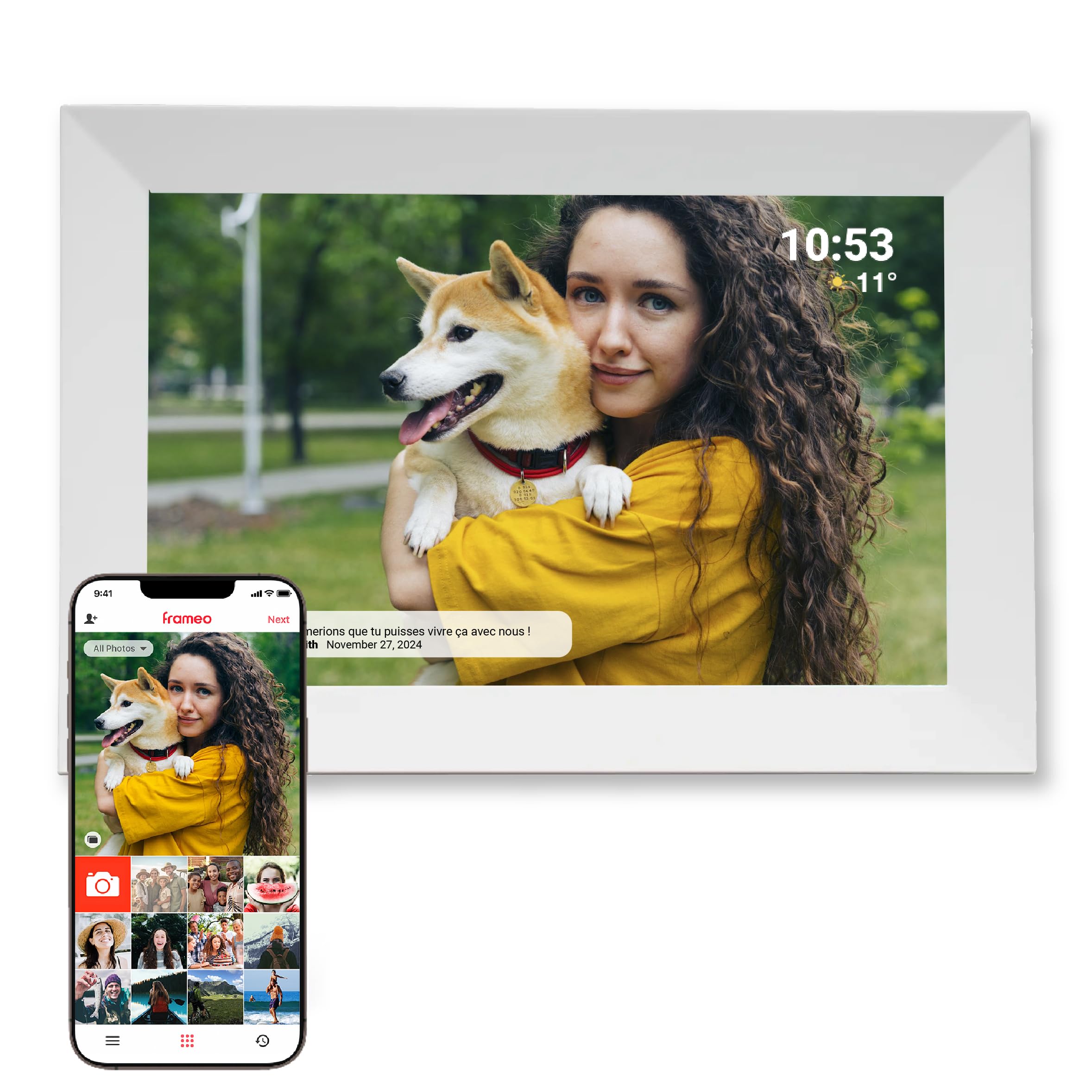 DENVER PFF-1024WHITE Digital Photo Frame displaying a photo of a couple