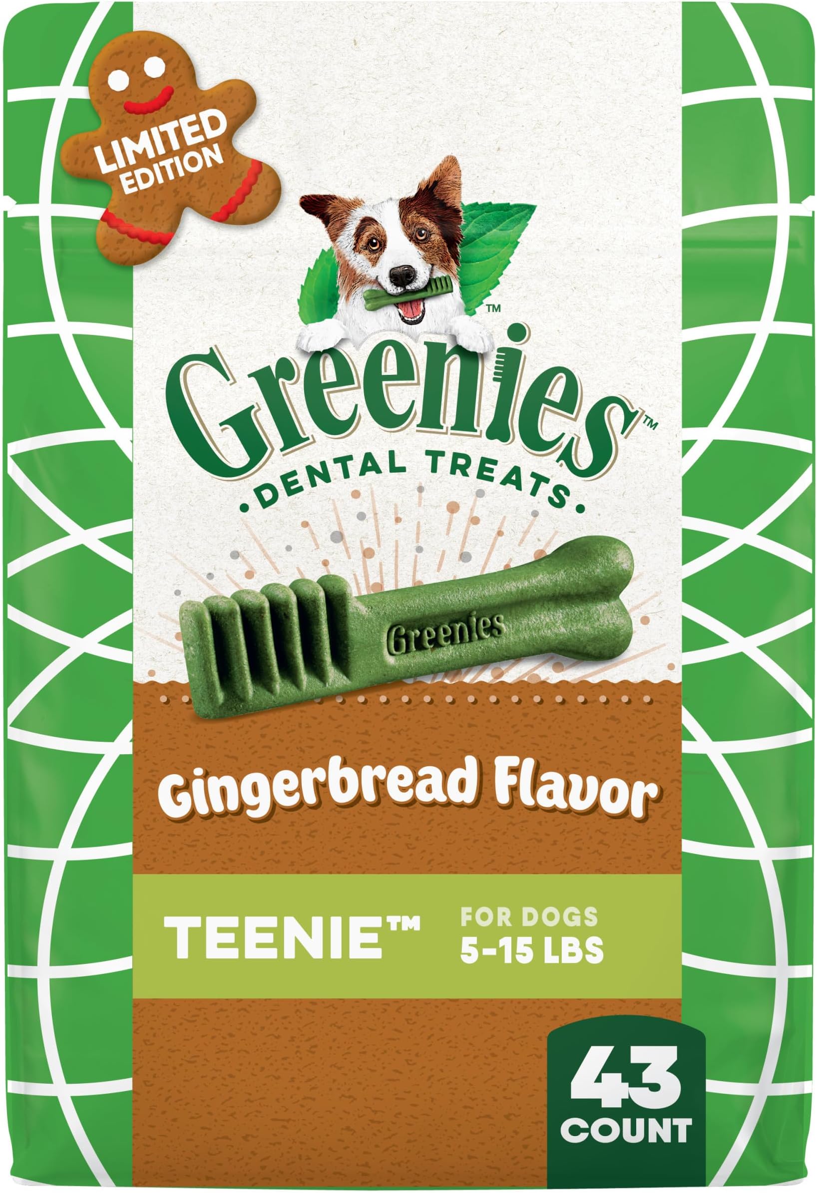 Greenies Veterinarian-Recommended Natural Dental Dog Treats, Teenie Size Dental Chews for Dogs, Gingerbread Flavor, 12 oz. Pack, 43 Count
