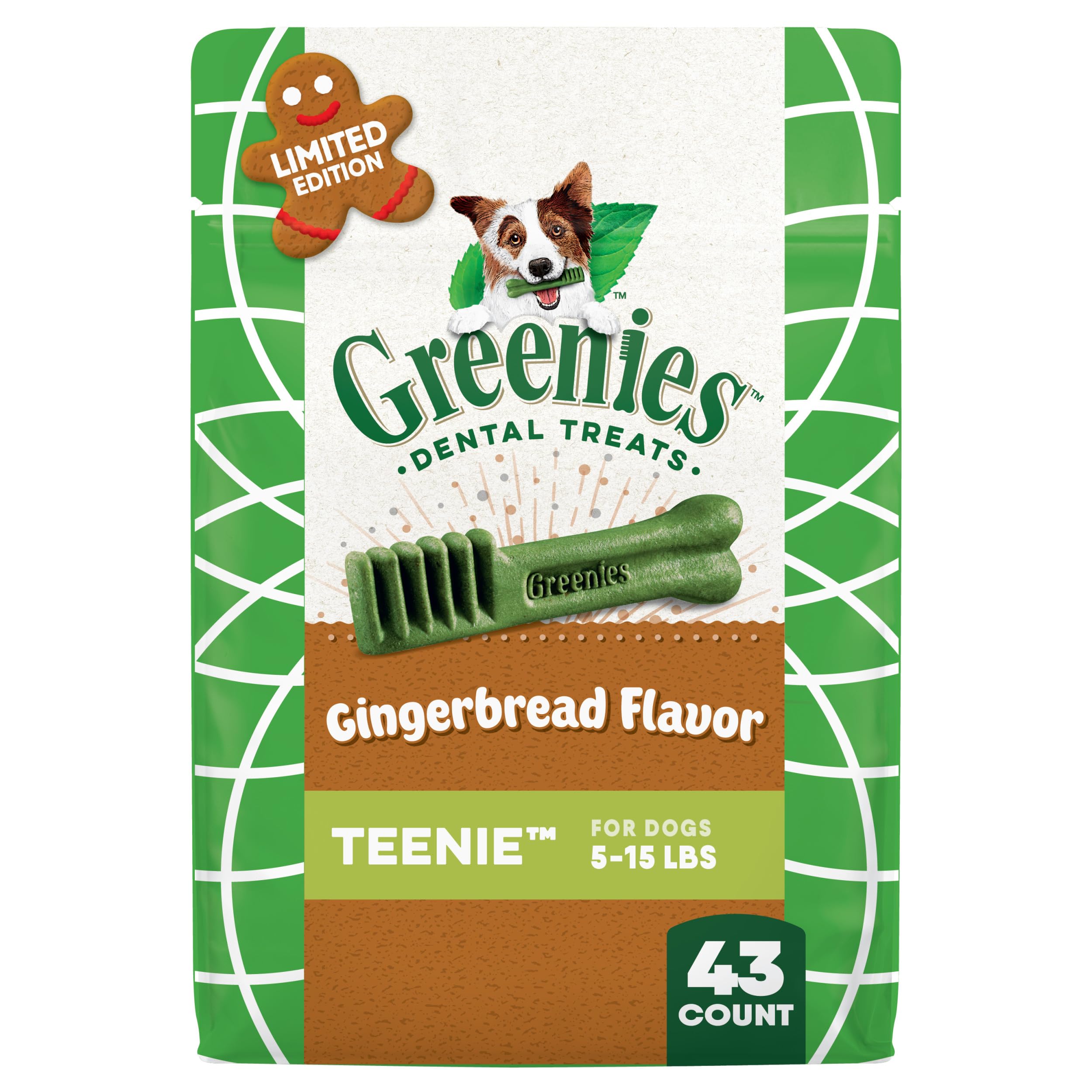 Greenies Veterinarian-Recommended, Limited-Edition Natural Dental Dog Treats Teenie Size, Gingerbread Flavor, 12 oz. Pack, 43 Count